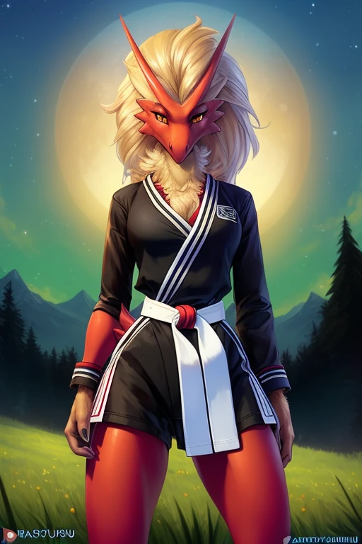 uploaded on e621, explicit content, 3d:0.4, (bastika, cutesexyrobutts, hioshiru), (furry, anthro:1.2), female, solo, blaziken, stargazing, (black karate uniform:1.2, black belt), clothing, clothed, grassy field setting, standing up, karate pose, looking up at camera, closeup