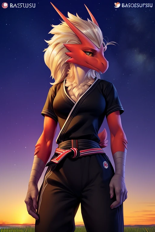 (by pixelsketcher:0.6), (by personalami :0.6), solo, female, blaziken, pokemon, detailed background, (cinematic lighting:1.1), (perfect focus:1.1), 8k hd, photo, (detailed eyes:1.2), perfect breasts, wide angle,(karate clothes, neckline, navel,,white pants, karate pants,karate shirt) bright colors, (furry detail:1.3),pasture, grass, bushes, vegetation, flowers, natural landscape,realistic, photorealistic, ultra realistic,realistic, photorealistic,smile,(detailed yellow eyes:1.2)