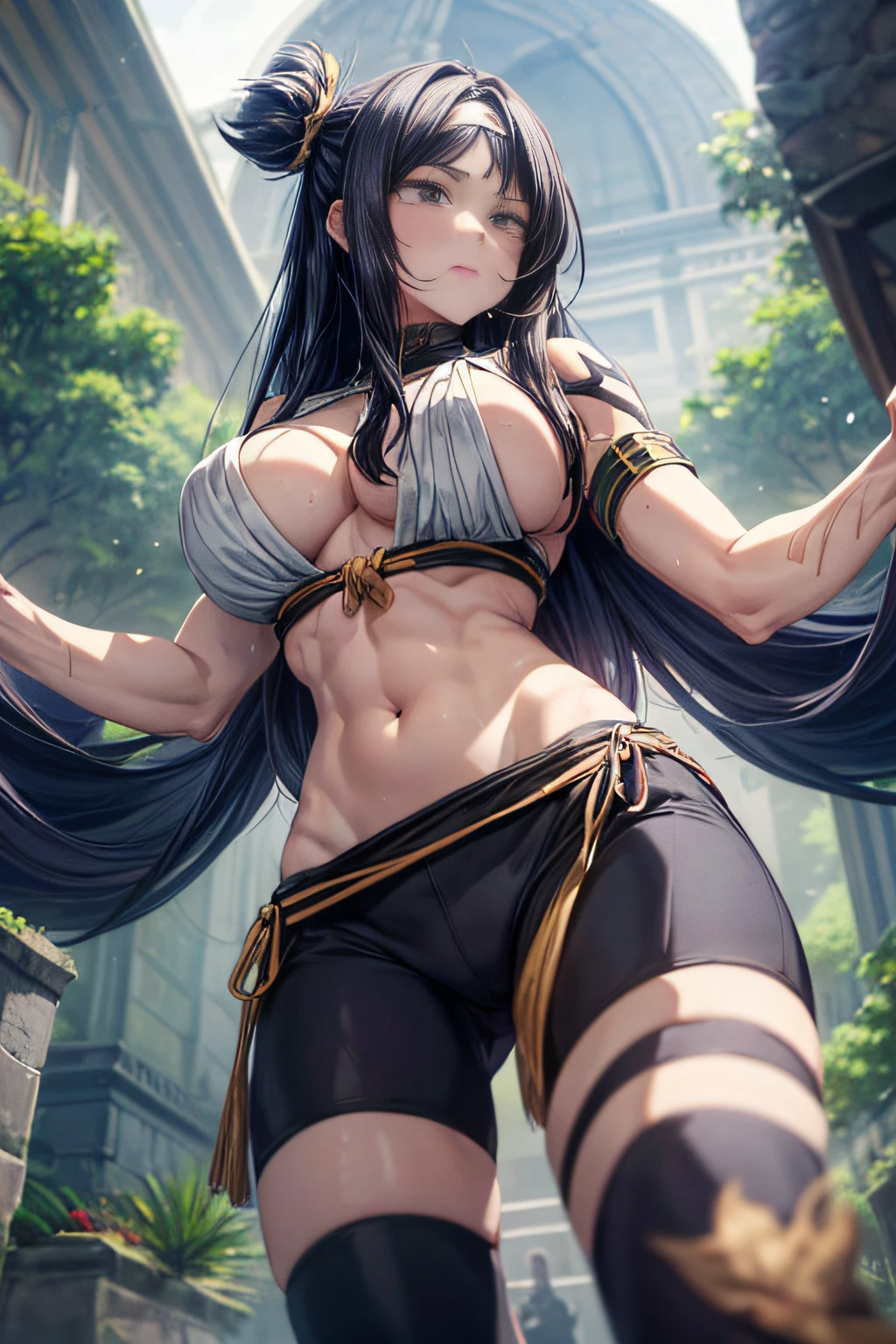 ((La mejor calidad)), ((Masutepiece)), ((detalles muy intrincados)),Beautiful, alta calidad, high resolusion, absurdos, light difussion, Detalles intrincados, Detalles intrincados, ((anime)), (anime:1.2) , (Cara perfecta:1.3), ojo extremadamente detallado, De color, highest details, colores vibrantes, alto contraste, (8k UHD:1.2), (fotorrealista:1.2),(Masutepiece:1.4), (La mejor calidad:1.4), realista,senos medianos. His truly remarkable physique.., featuring bulging muscles that ripple with power. His arms are adorned with immense sculpted biceps and triceps..., Cada fibra muscular definida、Intencional. Sus abdominales cincelados de seis paquetes son、Proudly shows dedication to physical strength, a testament to the hours spent honing her body to perfection. Clad in workout attire that accentuates her muscular form, Ella emana un aire de confianza y dominio. Gotas de sudor caen en cascada por su piel brillante, evidence of the intense physical exertion she undertakes. El gimnasio sirve como su dominio, Pushing the body to its limits、A sacred space that transcends the limits of what seems possible. pelo corto, beautiful colored hair, blushed ,18+ cara,cara, ,wet mouth,Arte NSFW, curva del cuerpo, lleno , ((cuerpo completo)), cuerpo completo, random position, random pose position, random position, Camisa de belleza, (parte superior del cuerpo_cuerpo),(grande_cuerpo:1.5), cuerpo perfecto, pose, chica traviesa, (tacto:1),Tatto in the stomach, ((1chica en:1)), cuerpo completo, dark skin, Humano, ((lleno_cuerpo)),((tetona:1.5)),corto_cabello,(apretado_traje),(dynamic_pose),(aleatorio_pose),((cuerpo_constructor:1.5)),(Salir_piernas:1.5)