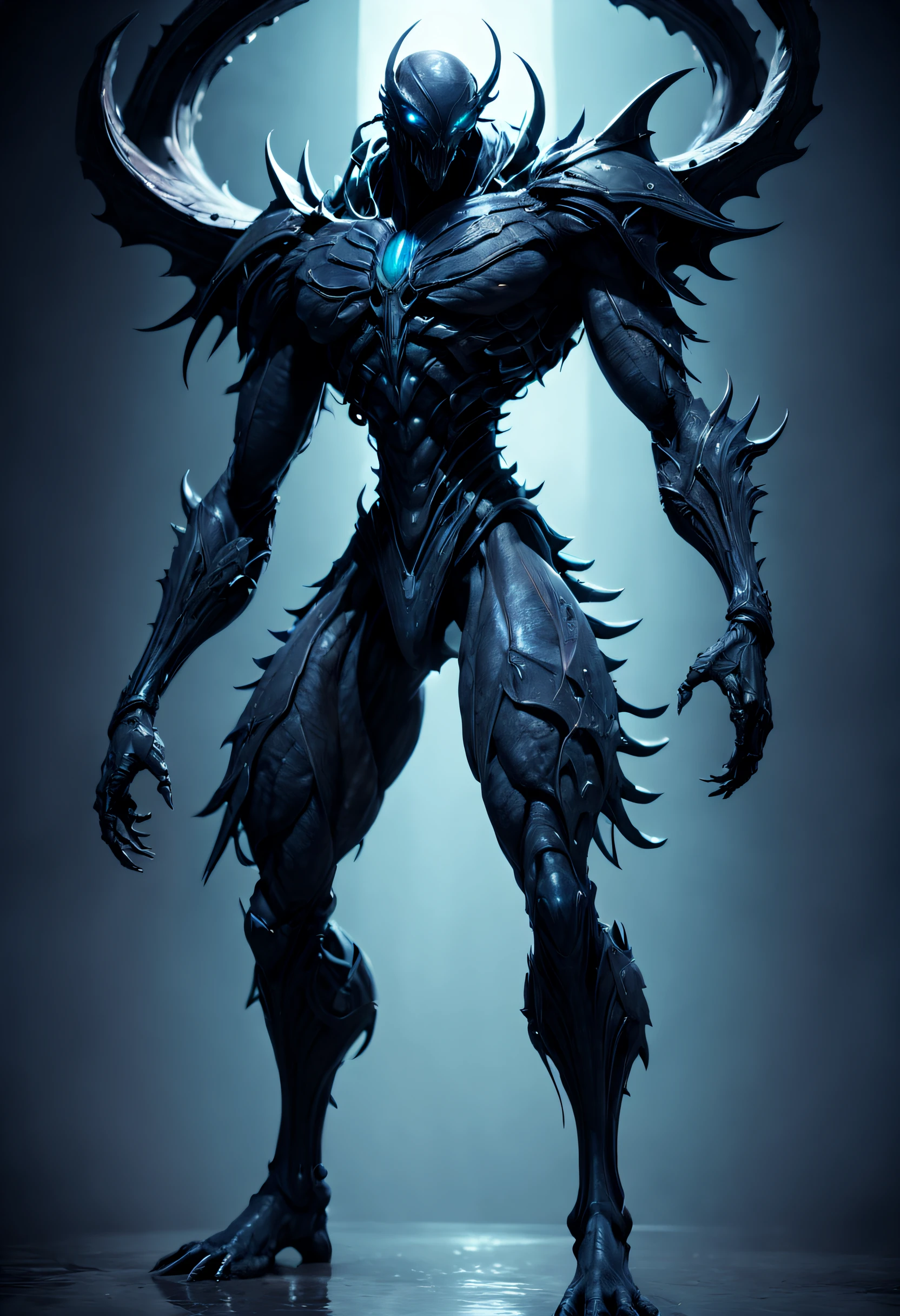 01_01_Black light, the epic character of alien origin, the atmosphere of the movie “Alien”. Bionic forms, a creature resembling a dragon with anthropomorphic features. A creature walking on two legs, similar to a predator, with entomological signs of insects, a large elongated head, small facial part, and predatory - toothy mouth, reminiscent of Alien (film of the same name). The body is covered with scars, hard black scales, the texture of an exoskeleton with artificial material, stone plastic, and bionics. Sanded, polished, smooth, bas-relief, bionics, cyberpunk - decorate with protective plates on the body, shoulders, and knees. hands. The anatomy of an alien creature with a pronounced bone structure, a very strong - lean physique, a pronounced, lean muscular system, veins, and joints. The body is decorated with scars - notches, relic bas-reliefs of an alien ship. Blacklight penetrates the forms from within. The whole picture embodies the black theme, black glow, antimatter, and space-like symbol of black infinity. 02_Highest quality. Masterpiece. Cinematic image. 3D visualization. The scene was recreated using Unreal Engine. The highest quality, details, textures, materials, and clear forms (smooth bionic, synthetic material, artificial stone, plastic, metal). Black radiance from the depths of forms, an alien ship, an alien civilization, alien worlds. One creature. Frontal camera view, perspective, with watery ceilings, deep grotto, membrane floor, and fantastic bas-reliefs on the walls (bionics, anatomy, entomological life forms depicted in fancy bas-reliefs). The black glow is the basis of the whole picture. 03_ Interior lighting, deep shadows, illuminated black bas-relief, bionic geometry and secret symbolism adorn the walls. High vaulted walls, an alien ship - a highly developed civilization. Warm bright - contrasting light, light cold shadows, clear image of details, textures, decor (high image quality), (Clear high-quality render), (unreal engine), SD qual
