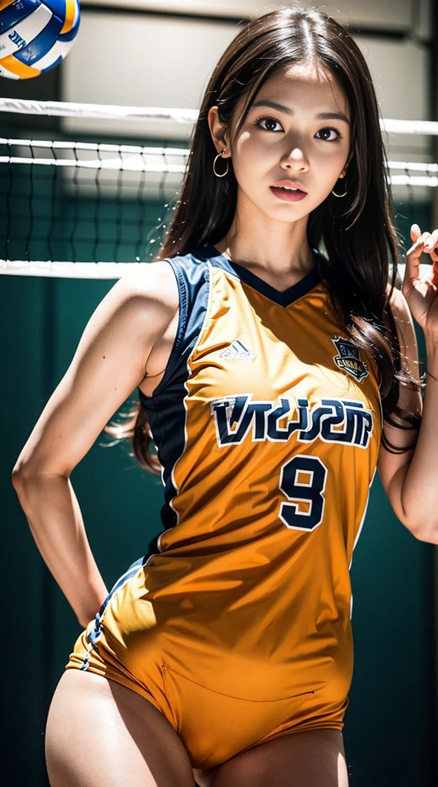 Volleyball Court, (Volleyball uniform:1.3), Volleyball Attack, Wearing sweat, The costume is sheer, beautiful earrings,(Camel toes:1.3),(colorful:1.0),1 girl, solo, (beauty legs:1.3), Skinny Legs, wind:1.4, show skin, glossy skin, cleavage , (small tits:1.3), intricate details, naughty, slutty, perfect hands, detailed hands, perfect eyes, detailed eyes, (8headed body:1.3), (cute face), (Ideal ratio body proportions:1.3), long , (dynamic pose:0.8), (short Dark hair:1.3), realistic, HDR, UHD, nsfw