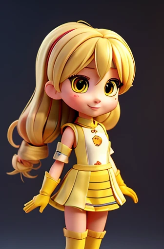 rendered,Cute Baby Chibi Anime,(((Super masterpiece、top-quality、ultra - detailed、1 girl in、tchibi:1.5)))、Fashion chibi essentials, Best Quality, 1girl in, Drill Hair, twin drills, (Yellow eyes:1.2), Brown gloves, corsets, Detached sleeves, Fingerless gloves, Smile, magical little girl, Puffy sleeves, striped thigh, Yellow skirt, coverd nippple, breasts, npclearly, clearly , Hidden Private, skyporn,