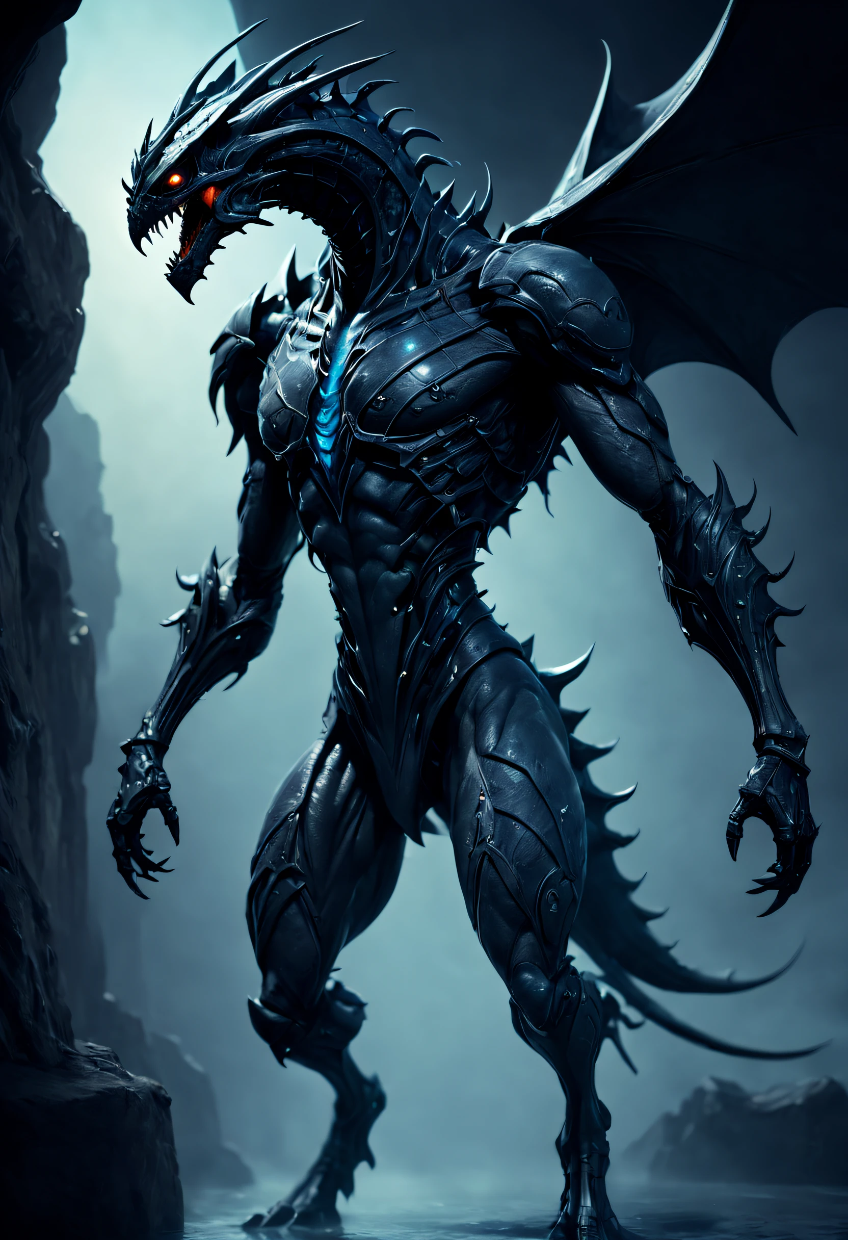 01_01_Black light, the epic character of alien origin, the atmosphere of the movie “Alien”. Bionic forms, a creature resembling a dragon with anthropomorphic features. A creature walking on two legs, similar to a predator, with entomological signs of insects, a large elongated head, small facial part, and predatory - toothy mouth, reminiscent of Alien (film of the same name). The body is covered with scars, hard black scales, the texture of an exoskeleton with artificial material, stone plastic, and bionics. Sanded, polished, smooth, bas-relief, bionics, cyberpunk - decorate with protective plates on the body, shoulders, and knees. hands. The anatomy of an alien creature with a pronounced bone structure, a very strong - lean physique, a pronounced, lean muscular system, veins, and joints. The body is decorated with scars - notches, relic bas-reliefs of an alien ship. Blacklight penetrates the forms from within. The whole picture embodies the black theme, black glow, antimatter, and space-like symbol of black infinity. 02_Highest quality. Masterpiece. Cinematic image. 3D visualization. The scene was recreated using Unreal Engine. The highest quality, details, textures, materials, and clear forms (smooth bionic, synthetic material, artificial stone, plastic, metal). Black radiance from the depths of forms, an alien ship, an alien civilization, alien worlds. One creature. Frontal camera view, perspective, with watery ceilings, deep grotto, membrane floor, and fantastic bas-reliefs on the walls (bionics, anatomy, entomological life forms depicted in fancy bas-reliefs). The black glow is the basis of the whole picture. 03_ Interior lighting, deep shadows, illuminated black bas-relief, bionic geometry and secret symbolism adorn the walls. High vaulted walls, an alien ship - a highly developed civilization. Warm bright - contrasting light, light cold shadows, clear image of details, textures, decor (high image quality), (Clear high-quality render), (unreal engine), SD qual