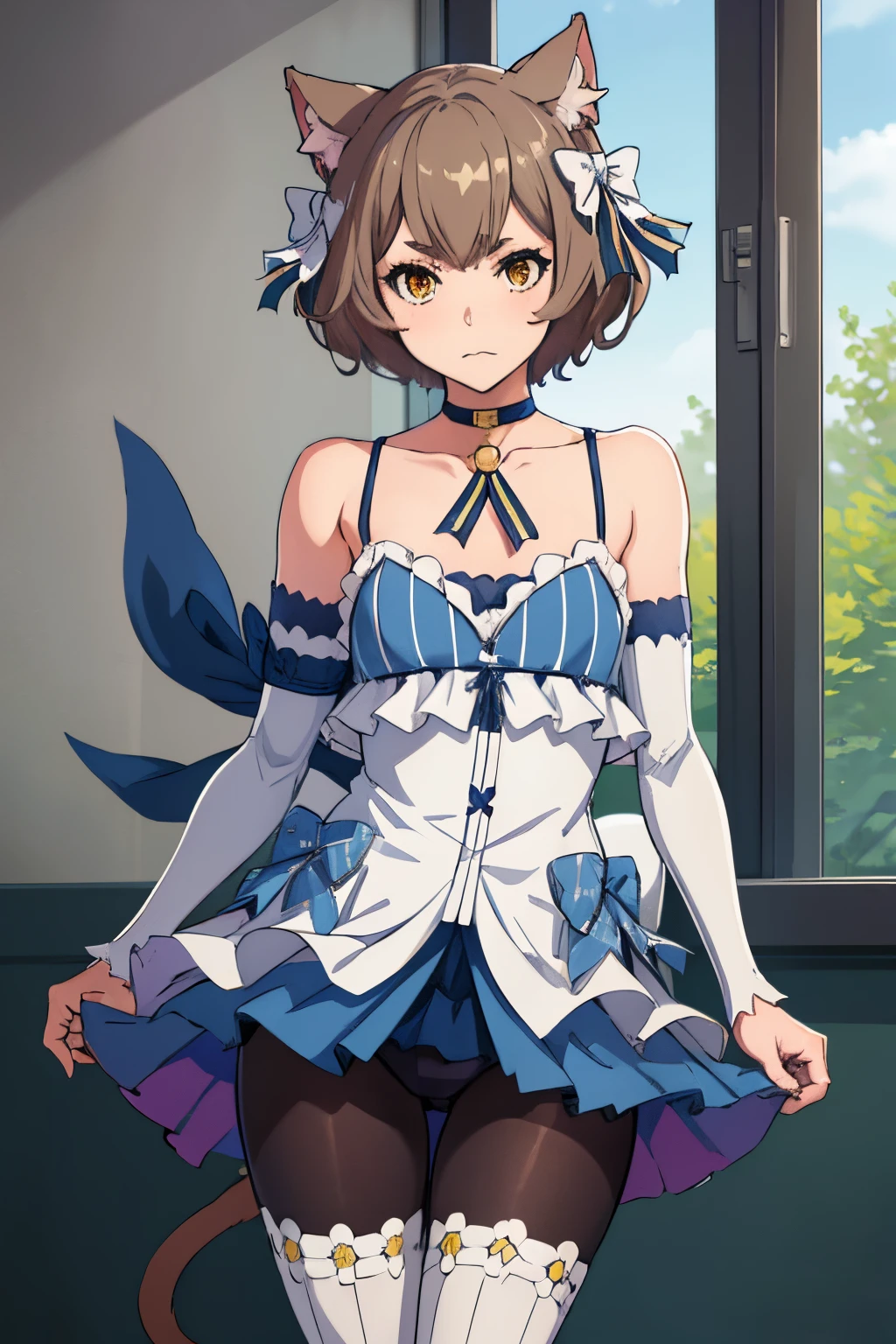 (masterpiece, best quality:1.2), cowboy shot, solo, male focus, 1boy, felix argyle, otoko no ko, :3, looking at viewer, hair bow, dress, striped, ribbon, detached sleeves, pantyhose, blue choker, tail, collarbone, bare shoulders
