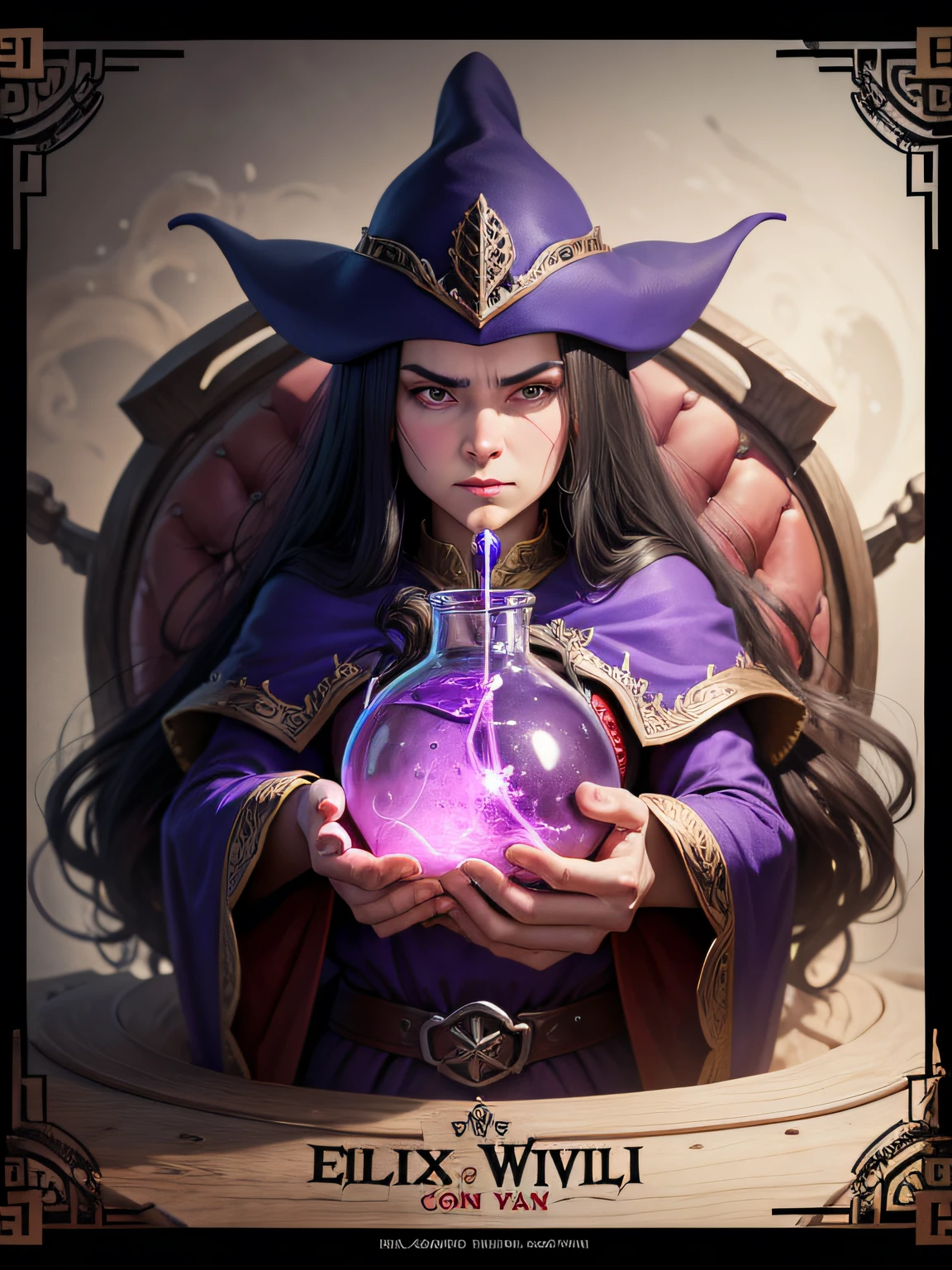 magv1ll, beautiful whitch, black hair, purple ornate robe, hat, round eyewear, dark room, dark atmosphere, glowing potion bottle <lora:sxz-mtg:0.7>