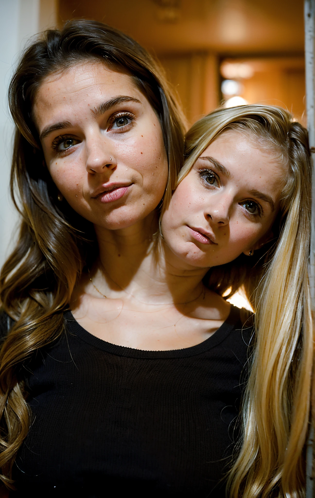 2heads, two headed girl, (a 30 year old brunette woman and a 12 year old blonde girl:1.5), (female:1.5), (uncomfortable:1.3)