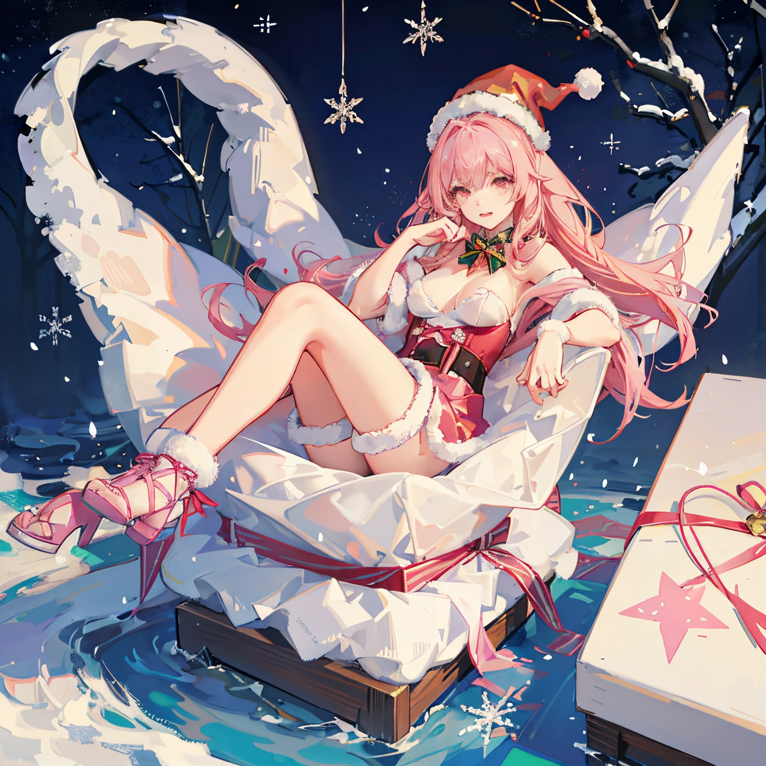 "anime girl, 1 person, pink hair, pink cat ears, pink eyes, santa hat, santa shirt, red dress, stockings, big breasts, solo, standing cross-legged, falling snow, Christmas gift box, (full HD 4K+ image)"