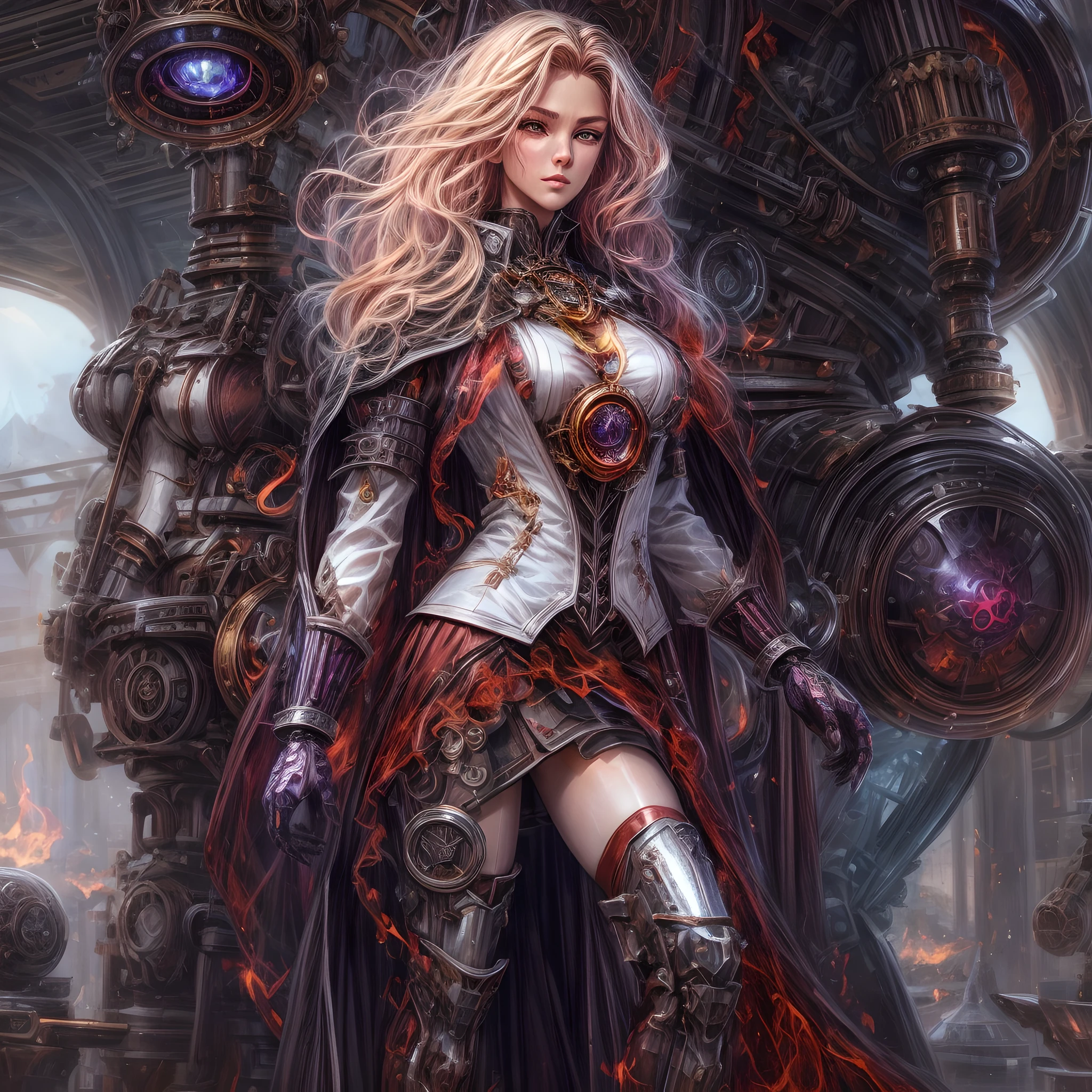 arte de fantasia, arte steampunk, Arte de RPG, fotografia, .RAW,  Melhor Detalhado, foto de uma mulher mecha feiticeira, standing proudly, manipulating magical red fire, mulher extremamente bonita (Melhor Detalhado, master part, hiper-realista: 1.5) corpo inteiro,cabelos loiros, cabelos ricos, cabelos ondulados, dynamic eye color, vestindo vestido preto e branco, Usando (Capa branca: 1.2), Usando (knee tights: 1.2), usando botas de salto alto, lace-up boots, compor, steampunk laboratory background, ultra melhor realista, melhores detalhes, best quality, 16k, [ultra detalhado], master part, best quality, (extremamente detalhado), tiro ultra largo, fotorrealismo, profundidade de campo, pintura hiper realista, Runas brilhantes_Purple, Fogo vermelho, mechanical parts