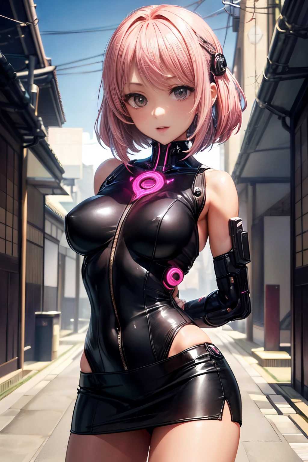 ((cyberpunked:1.5)),((Anatomically correct hand:1.5)), Anime, Sexy, ((In Kyoto Animation Style:1.5)), super precision, ​masterpiece, very extremely beautiful, Princess Face, ((1人の女性)), ((Solo:1.5)), ((Pink hair:1.5)), ((BobKat 1.5)), BREAK, ((Black eyes)), short-cut, ((Straight hair)), BREAK, Full limbs,((complete fingers:1.5)), NSFW, ((Cyberpunk Bodysuit)), ((a miniskirt:1.5)), BREAK, ((Skindentation)), Professional Lighting, (25-years old), Narrow waist, Shiny skin (Brown skin), ((Oiled skin)), glistning skin, Looking at Viewer, Cowboy Shot, ((Dynamic Pose:1.5)),  Looking at the camera, inside in room, A slight smil, Slightly open mouth, ((Cute)), ((squatt)), ((Arms behind your back:1.5)), Ultra-fine eyes, Ultra-fine face, ((thin lips:1.5)), ((drooping eyes)), A slight smil, ((portlate:1.5)), faces, Looking at the camera, large boob, frombelow, ((Shunguang)),