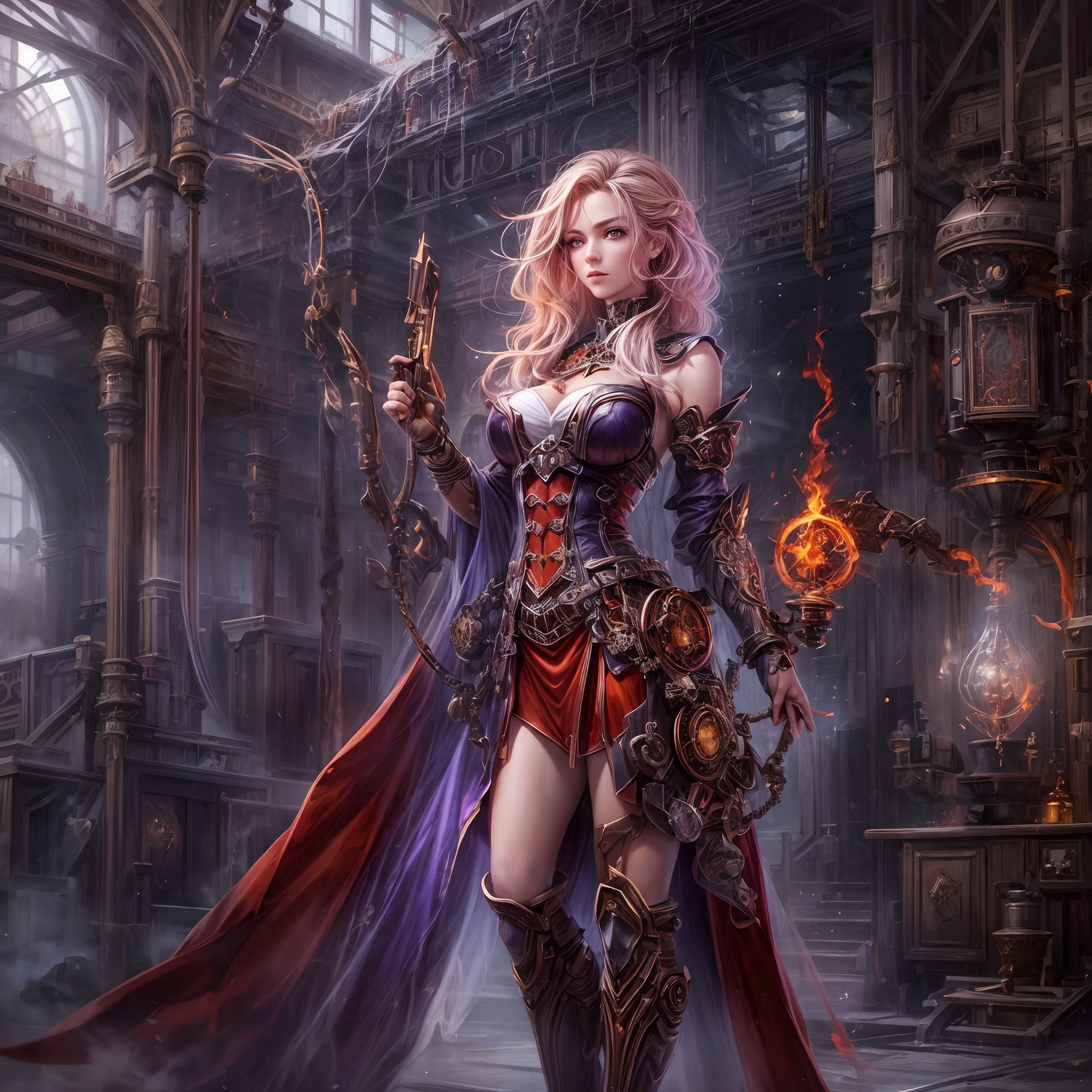 arte de fantasia, arte steampunk, Arte de RPG, fotografia, .RAW,  Melhor Detalhado, foto de uma mulher mecha feiticeira, standing proudly, manipulating magical red fire, mulher extremamente bonita (Melhor Detalhado, master part, hiper-realista: 1.5) corpo inteiro,cabelos loiros, cabelos ricos, cabelos ondulados, dynamic eye color, vestindo vestido preto e branco, Usando (Capa branca: 1.2), Usando (knee tights: 1.2), usando botas de salto alto, lace-up boots, compor, steampunk laboratory background, ultra melhor realista, melhores detalhes, best quality, 16k, [ultra detalhado], master part, best quality, (extremamente detalhado), tiro ultra largo, fotorrealismo, profundidade de campo, pintura hiper realista, Runas brilhantes_Purple, Fogo vermelho, mechanical parts