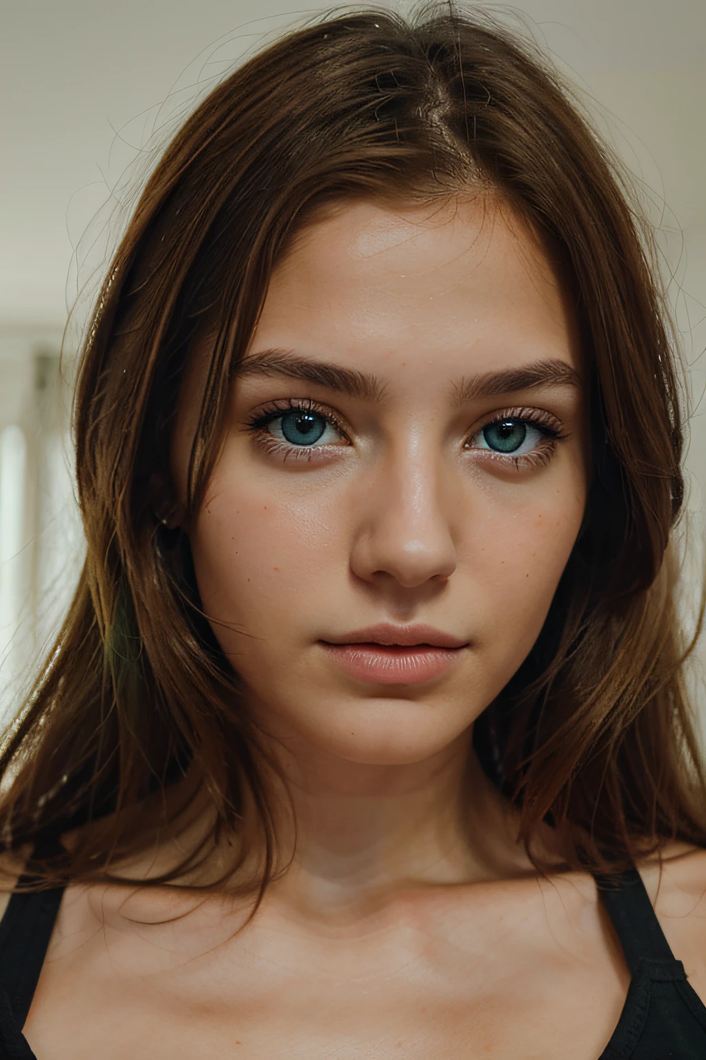 realistic, portait photo of greek young beutiful woman with blonde brown hair, green blue eyes, no makeup, instagram