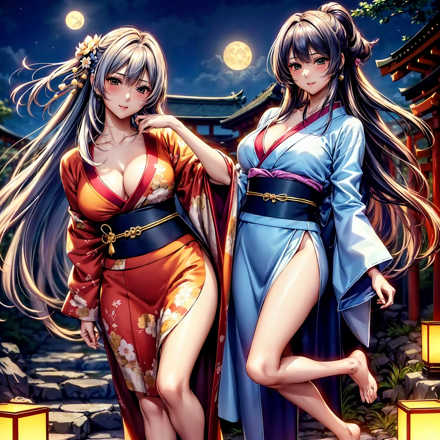(top quality picture、masterpiece level、very high res、超A high resolution,High quality detailing)、(An 18-year-old beautiful girl with perfect and ultimate beauty..,beautiful breasts and figure,Beautiful body,美丽的面容,Strong-willed eyes:1.5)、(There are many variations of hairstyles,Bangs are neatly arranged,long straight hair on the side,Beautiful hair:1.2),lifelike textures,Beautiful colors,(Wear a colored Japanese kimono,Wear a colorful Japanese kimono,Japanese decoration,Japanese hair,shoulders are exposed,I can see the cleavage, I can see the thighs.:1.2),Have a bright smile,line of sight,Mouth opens,The wind is blowing(The wind blows and the skirt flaps 1.2),Hair flutters under the influence of the wind,Beautiful Japan garden,fantastic night sky and moon,Lanterns are lit,nighttime scene,Beautiful Landscapes,(The whole body,accurate anatomy、extremely detailed picture、Accurate images、Perfect Image 1.5)、beautiful anime woman, Beautiful Art Style, an animated character、(The whole picture、Detailed picture、Defect-free images、natural soft light、beautiful image),(Best Shot 1.2)