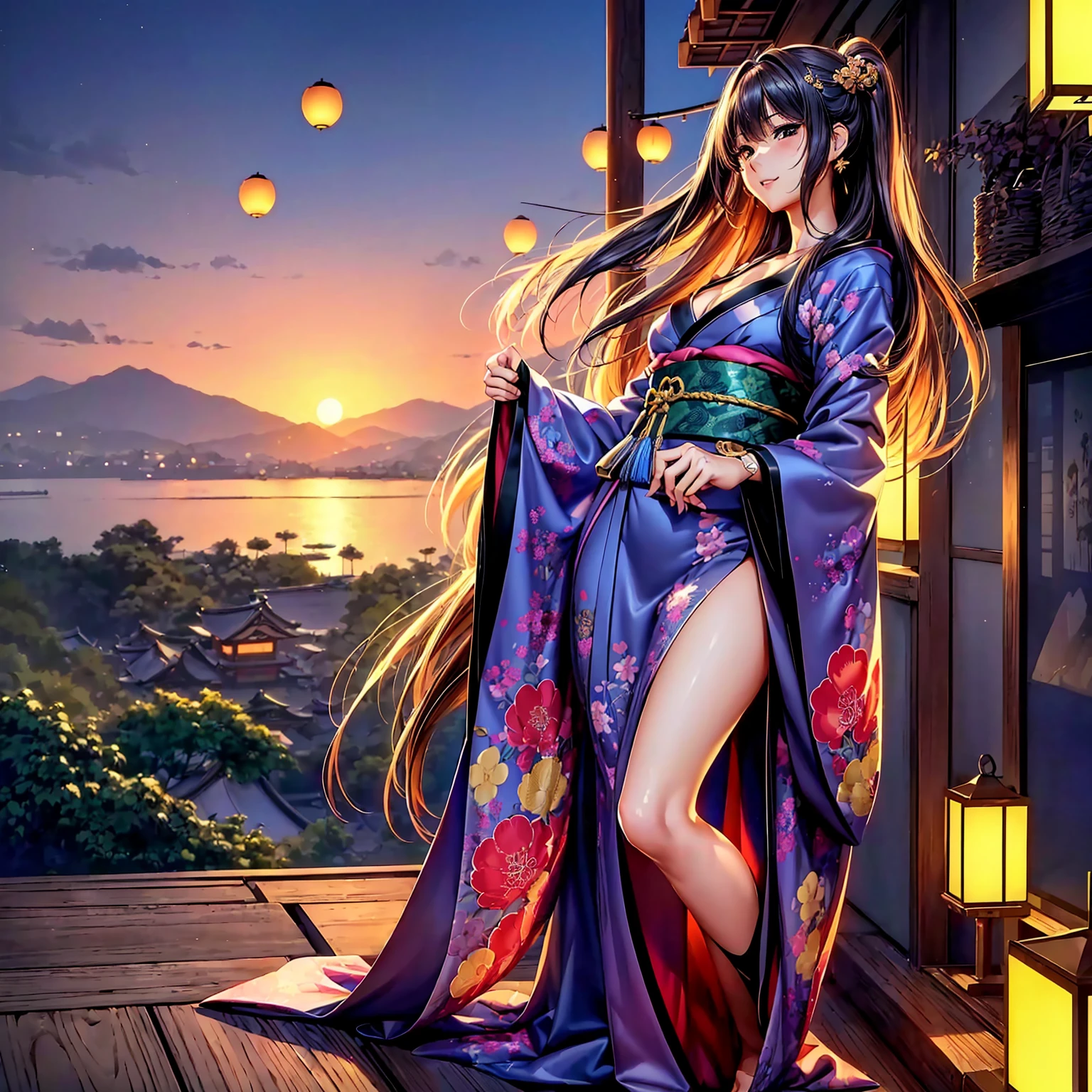 (top quality picture、masterpiece level、very high res、超A high resolution,High quality detailing)、(An 18-year-old beautiful girl with perfect and ultimate beauty..,beautiful breasts and figure,Beautiful body,美丽的面容,Strong-willed eyes:1.5)、(There are many variations of hairstyles,Bangs are neatly arranged,long straight hair on the side,Beautiful hair:1.2),lifelike textures,Beautiful colors,(Wear a colored Japanese kimono,Wear a colorful Japanese kimono,Japanese decoration,Japanese hair,shoulders are exposed,I can see the cleavage, I can see the thighs.:1.2),Have a bright smile,line of sight,Mouth opens,The wind is blowing(The wind blows and the skirt flaps 1.2),Hair flutters under the influence of the wind,Beautiful Japan garden,fantastic night sky and moon,Lanterns are lit,nighttime scene,Beautiful Landscapes,(The whole body,accurate anatomy、extremely detailed picture、Accurate images、Perfect Image 1.5)、beautiful anime woman, Beautiful Art Style, an animated character、(The whole picture、Detailed picture、Defect-free images、natural soft light、beautiful image),(Best Shot 1.2)