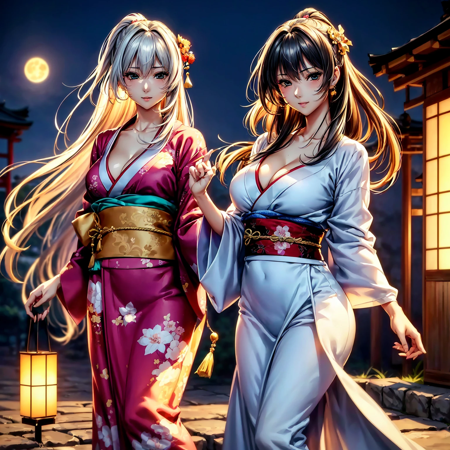 (top quality picture、masterpiece level、very high res、超A high resolution,High quality detailing)、(An 18-year-old beautiful girl with perfect and ultimate beauty..,beautiful breasts and figure,Beautiful body,美丽的面容,Strong-willed eyes:1.5)、(There are many variations of hairstyles,Bangs are neatly arranged,long straight hair on the side,Beautiful hair:1.2),lifelike textures,Beautiful colors,(Wear a colored Japanese kimono,Wear a colorful Japanese kimono,Japanese decoration,Japanese hair,shoulders are exposed,I can see the cleavage, I can see the thighs.:1.2),Have a bright smile,line of sight,Mouth opens,The wind is blowing(The wind blows and the skirt flaps 1.2),Hair flutters under the influence of the wind,Beautiful Japan garden,fantastic night sky and moon,Lanterns are lit,nighttime scene,Beautiful Landscapes,(The whole body,accurate anatomy、extremely detailed picture、Accurate images、Perfect Image 1.5)、beautiful anime woman, Beautiful Art Style, an animated character、(The whole picture、Detailed picture、Defect-free images、natural soft light、beautiful image),(Best Shot 1.2)
