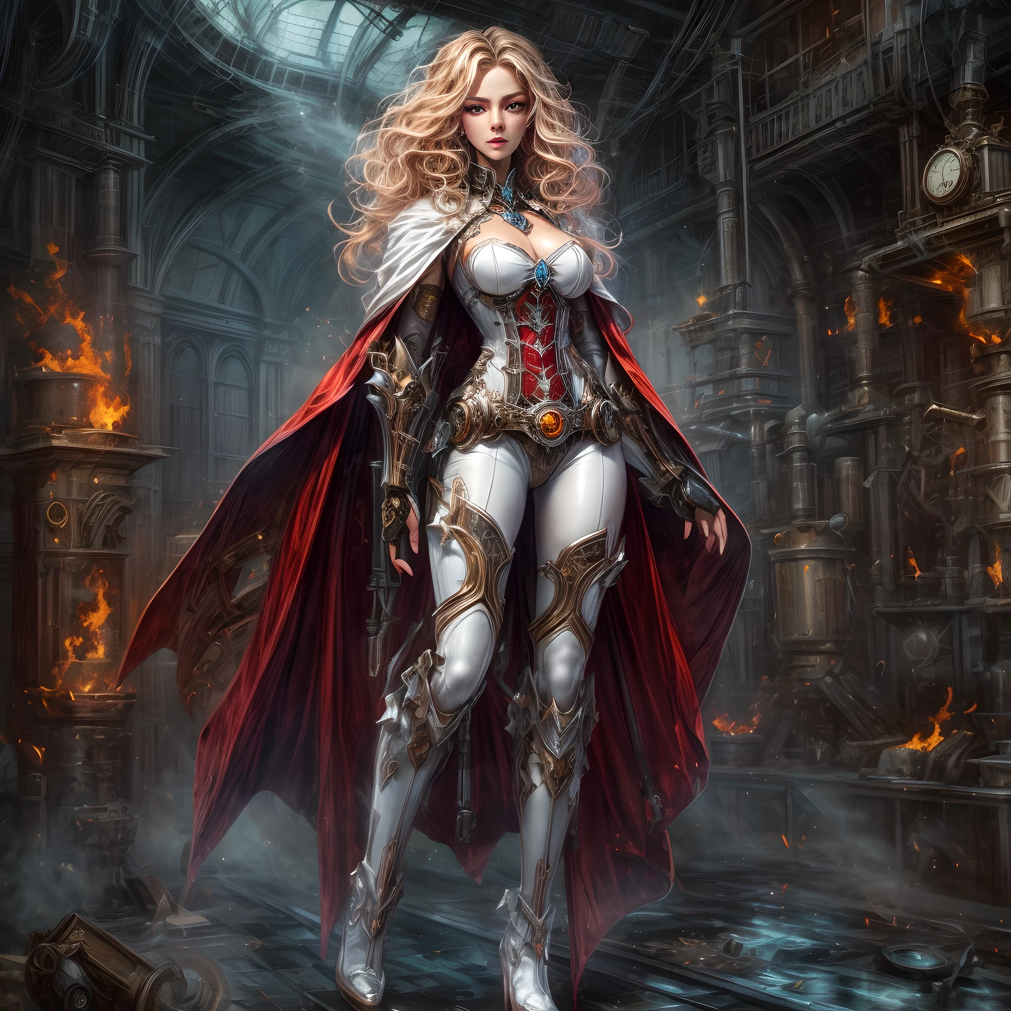 arte de fantasia, arte steampunk, Arte de RPG, fotografia, .RAW,  Melhor Detalhado, foto de uma mulher mecha feiticeira, standing proudly, manipulating magical red fire, mulher extremamente bonita (Melhor Detalhado, master part, hiper-realista: 1.5) corpo inteiro,cabelos loiros, cabelos ricos, cabelos ondulados, dynamic eye color, vestindo vestido preto e branco, Usando (Capa branca: 1.2), Usando (knee tights: 1.2), usando botas de salto alto, lace-up boots, compor, steampunk laboratory background, ultra melhor realista, melhores detalhes, best quality, 16k, [ultra detalhado], master part, best quality, (extremamente detalhado), tiro ultra largo, fotorrealismo, profundidade de campo, pintura hiper realista, Runas brilhantes_Purple, Fogo vermelho, mechanical parts