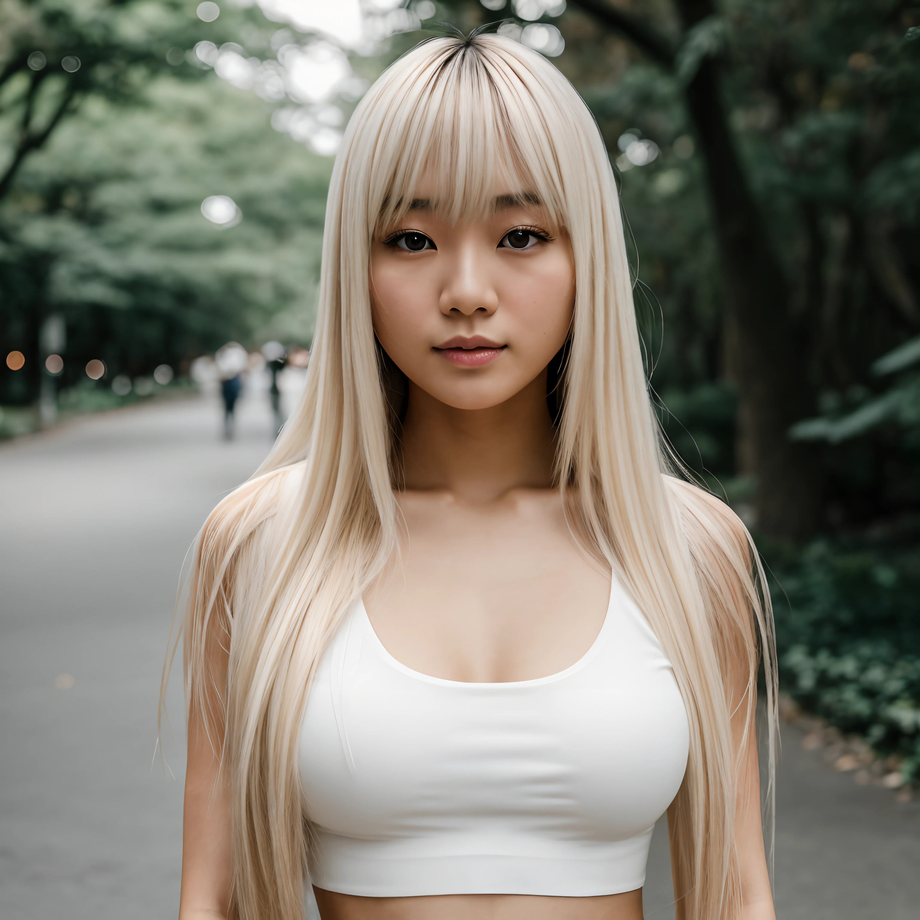 Photo brute, une Japonaise de 25 ans avec des seins de taille moyenne dans un crop top, peau blanche, longs cheveux blonds soyeux avec frange, au parc, 8K UHD, DSLR, softlighting, High quality, grain du film, Fujifilm XT3