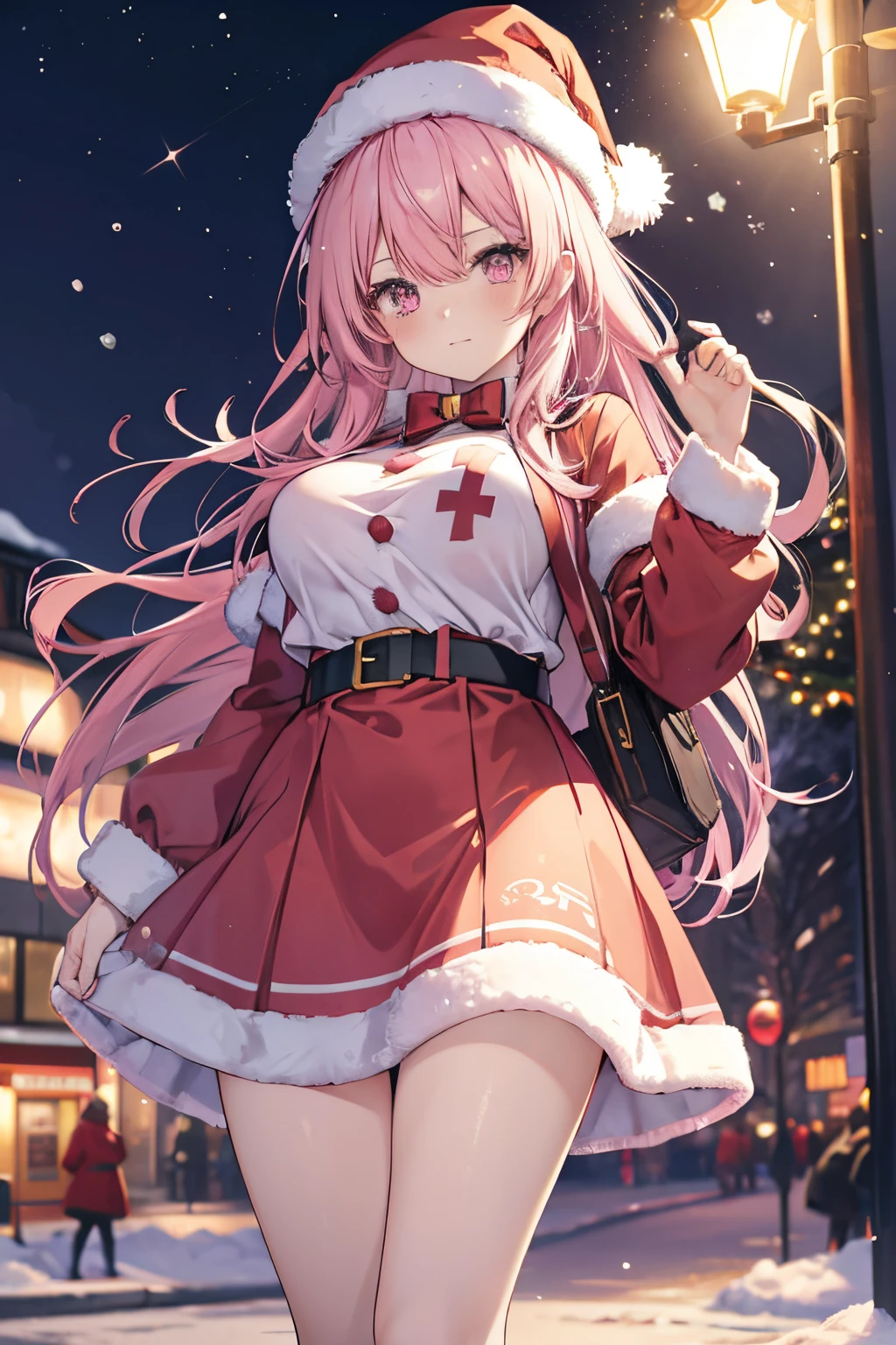 "anime girl, 1 person, pink hair, pink cat ears, pink eyes, santa hat, santa shirt, red dress, stockings, big breasts, solo, standing cross-legged, falling snow, Christmas gift box, (full HD 4K+ image)" front view