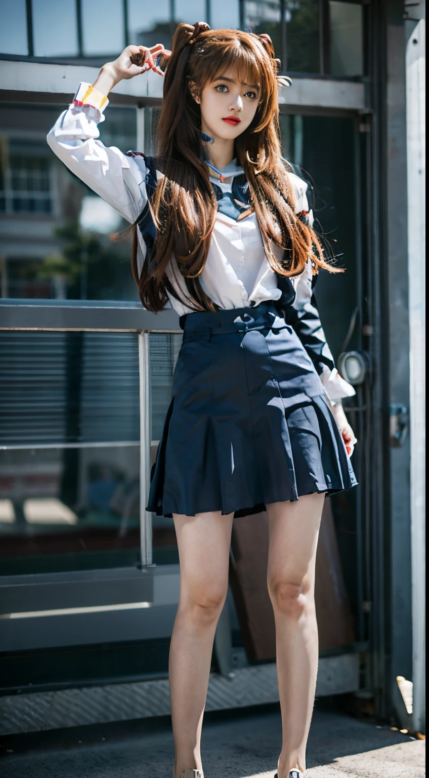 anime girl in a short skirt and a white shirt posing, a hyperrealistic schoolgirl, hyperrealistic schoolgirl, kantai collection style, realistic schoolgirl, photorealistic anime girl render, beautiful anime high school girl, japanese school uniform, render of a cute 3d anime girl, school girl, teal uniform, azur lane style, anime styled 3d