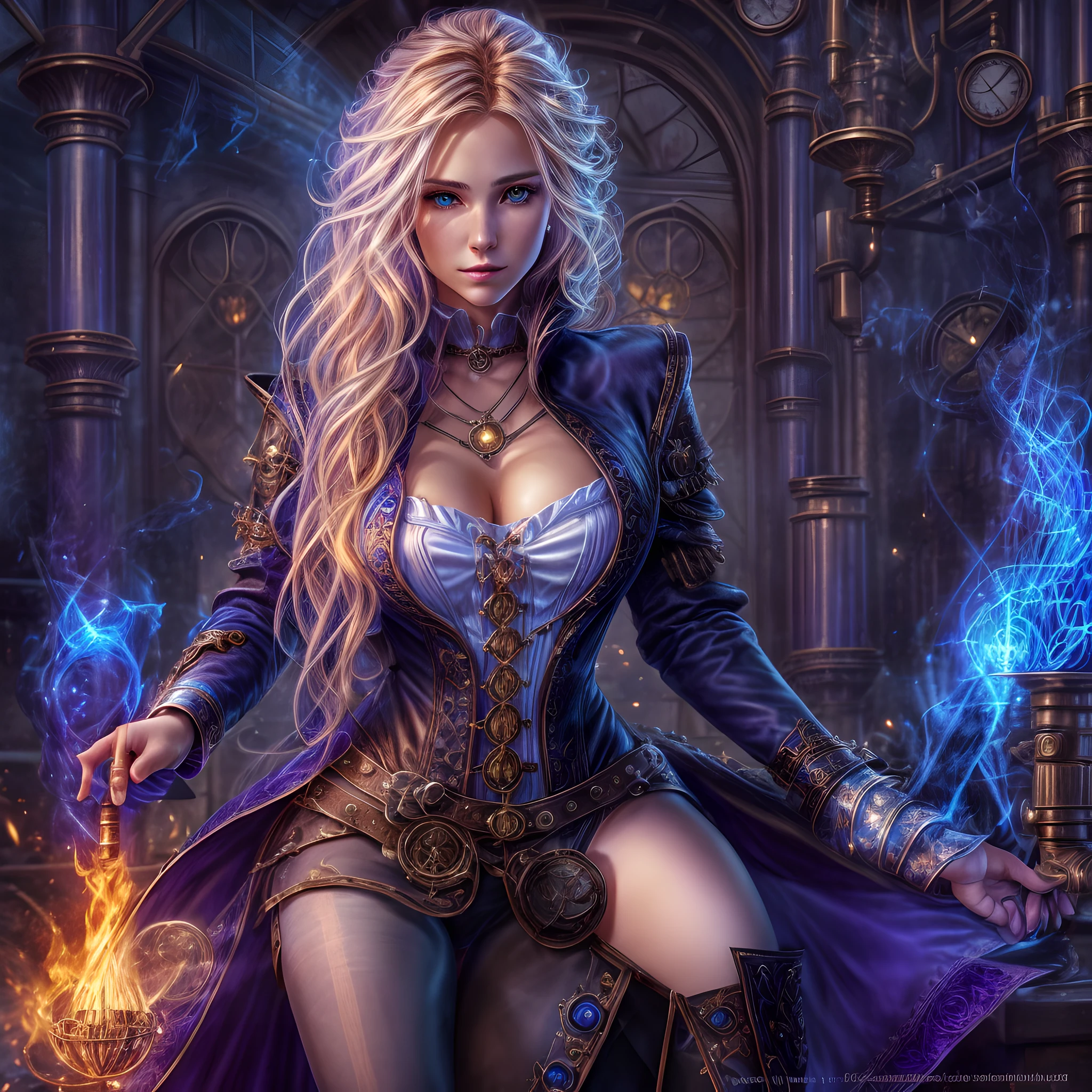 arte de fantasia, arte steampunk, Arte de RPG, fotografia, .RAW, , Melhor Detalhado, Imagem de uma mulher bruxa, standing proudly, Manipulating the Magic Blue Fire, mulher extremamente bonita (Melhor Detalhado, master part, hiper-realista: 1.5) cabelos loiros, cabelos ricos, cabelos ondulados, dynamic eye color, vestindo vestido preto e branco, Usando (Capa branca: 1.2), Usando (knee tights: 1.2), usando botas de salto alto, lace-up boots, compor, steampunk laboratory background, ultra melhor realista, melhores detalhes, best quality, 16k, [ultra detalhado], master part, best quality, (extremamente detalhado), tiro ultra largo, fotorrealismo, profundidade de campo, pintura hiper realista, Runas brilhantes_Purple, fogo azul