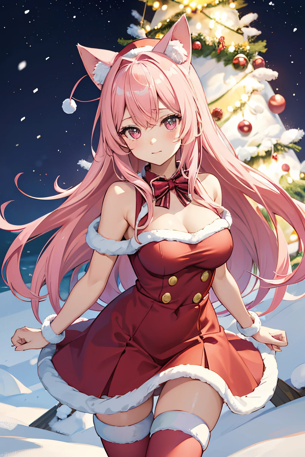 "anime girl, 1 person, pink hair, pink cat ears, pink eyes, santa hat, santa shirt, red dress, stockings, big breasts, solo, standing cross-legged, falling snow, Christmas gift box, (full HD 4K+ image)" front view