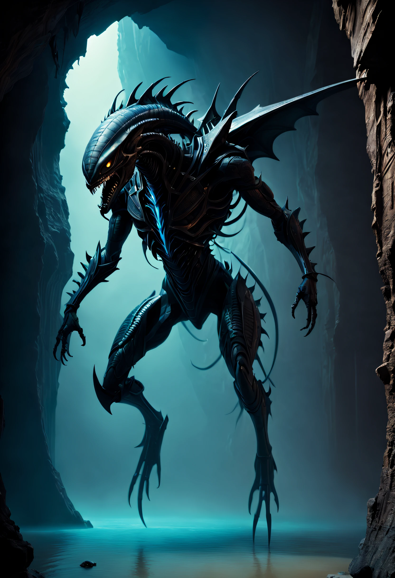 01_01_Black light, the epic character of alien origin, the atmosphere of the movie “Alien”. Bionic forms, a creature resembling a dragon with anthropomorphic features. A creature walking on two legs, similar to a predator, with entomological signs of insects, a large elongated head, small facial part, and predatory - toothy mouth, reminiscent of Alien (film of the same name). The body is covered with scars, hard black scales, the texture of an exoskeleton with artificial material, stone plastic, and bionics. Sanded, polished, smooth, bas-relief, bionics, cyberpunk - decorate with protective plates on the body, shoulders, and knees. hands. The anatomy of an alien creature with a pronounced bone structure, a very strong - lean physique, a pronounced, lean muscular system, veins, and joints. The body is decorated with scars - notches, relic bas-reliefs of an alien ship. Blacklight penetrates the forms from within. The whole picture embodies the black theme, black glow, antimatter, and space-like symbol of black infinity. 02_Highest quality. Masterpiece. Cinematic image. 3D visualization. The scene was recreated using Unreal Engine. The highest quality, details, textures, materials, and clear forms (smooth bionic, synthetic material, artificial stone, plastic, metal). Black radiance from the depths of forms, an alien ship, an alien civilization, alien worlds. One creature. Frontal camera view, perspective, with watery ceilings, deep grotto, membrane floor, and fantastic bas-reliefs on the walls (bionics, anatomy, entomological life forms depicted in fancy bas-reliefs). The black glow is the basis of the whole picture. 03_ Interior lighting, deep shadows, illuminated black bas-relief, bionic geometry and secret symbolism adorn the walls. High vaulted walls, an alien ship - a highly developed civilization. Warm bright - contrasting light, light cold shadows, clear image of details, textures, decor (high image quality), (Clear high-quality render), (unreal engine), SD qual