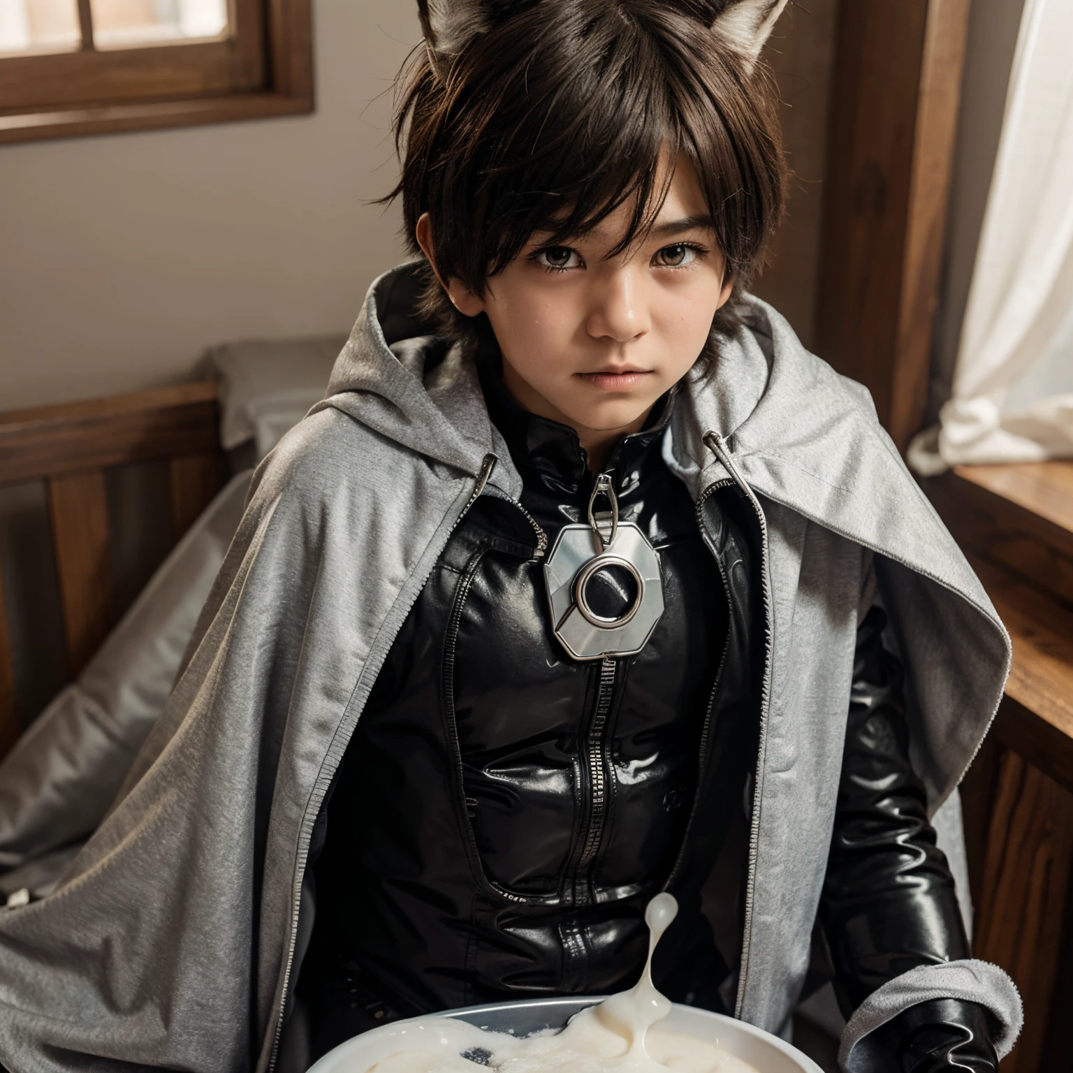 furry shota, cute wolf boy, hero body suit, cape, semen leaked,