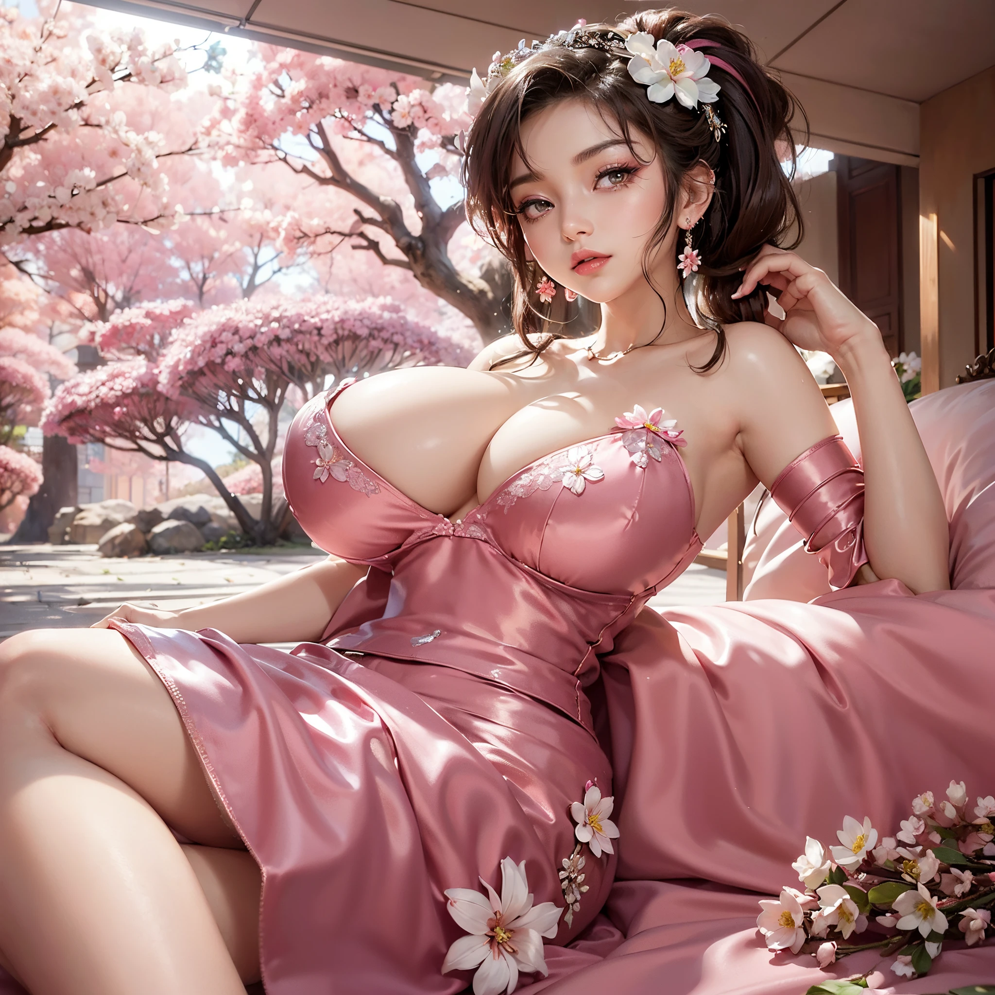 beautifull lady with very gigantic breast, medium ponytail hair, wear kebaya prown pose show her sexy back on luxury pillow near pink sakura tree) ,(detailed strapless luxury pink bra), (detailed kebaya), (flower earring), (flower crown), (show cleaveage), (show underboobs) , (show sideboobs), (show thigh), (detailed flower hairpin), (detailed flower underboobs ornament), (detailed luxury flower chest ornament), (detailed luxury flower arm ornament), (detail flower hips ornament), expensive detailed flower necklace, (very gigantict:1,9), beautifull pink sakura tree, detail sakura tree, detail pink flower field, detail pink flower background, beautifull face, pretty face, beautifull eyes, beautifull nose, sexy lips, pink nails, raytracing, nsfw, beautifull fingers, beautifull hands, sexy back, sexy shoulders, sexy legs, sexy hips, (luxury bracelet), (luxury ring), (luxury earring), (luxury necklace), (4 fingers in 1 hand), white skin, full body picture, pretty makeup, ((low angle camera)), (((NSFW)))