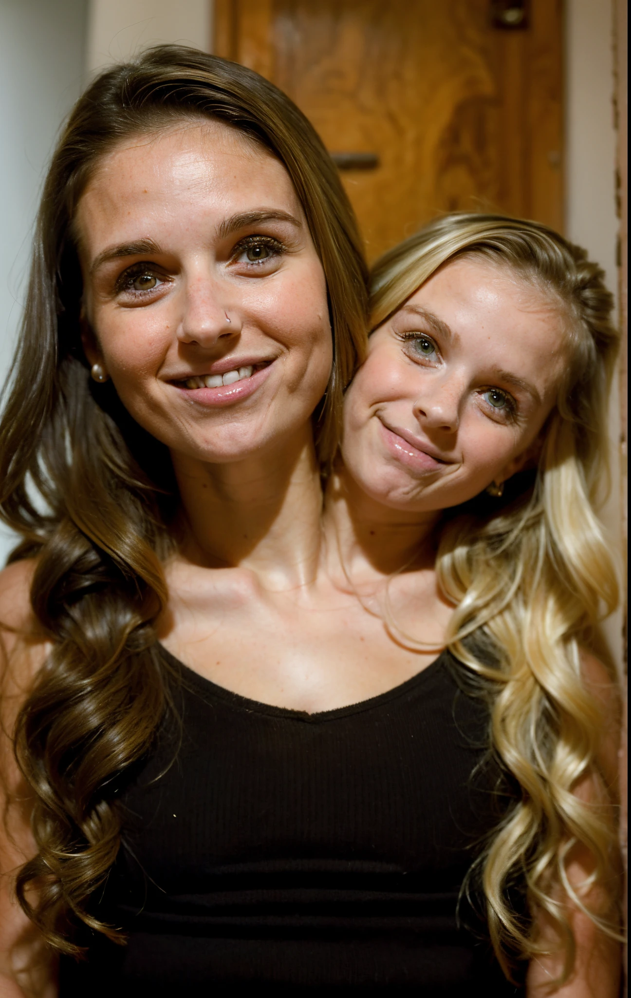 2heads, two headed girl, (a 30 year old brunette woman and a 5 year old blonde girl:1.5), (female:1.5)