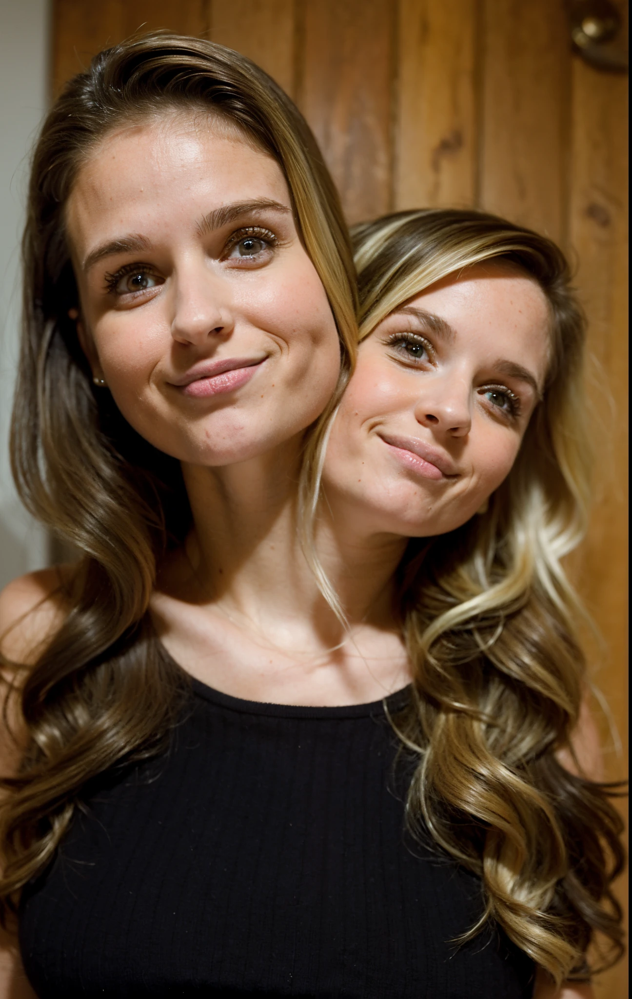 2heads, two headed girl, (a 30 year old brunette woman and a 5 year old blonde girl:1.5), (female:1.5)