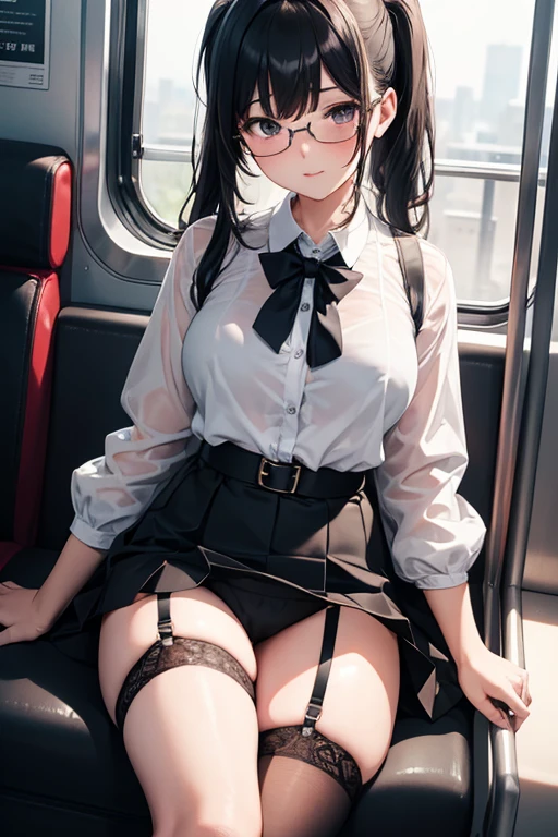 highly detailed, extremely detailed CG unity 8k wallpaper, illustration, highres, absurdres, highly detail, 8K, 1girl sit on the chair in the train, in skirt, open legs, show panties, nsfw, drop、A dark-haired、poneyTail、Officelady、Sheer underwear、perspiring、My skin is wet and water is dripping、The color of the bra is see-through、Pants dig into the crotch、tight skirts、tucking up the skirt、Sexy lingerie、Gutter Belt、garter stocking、Rimless glasses、adult lady、White shirt
