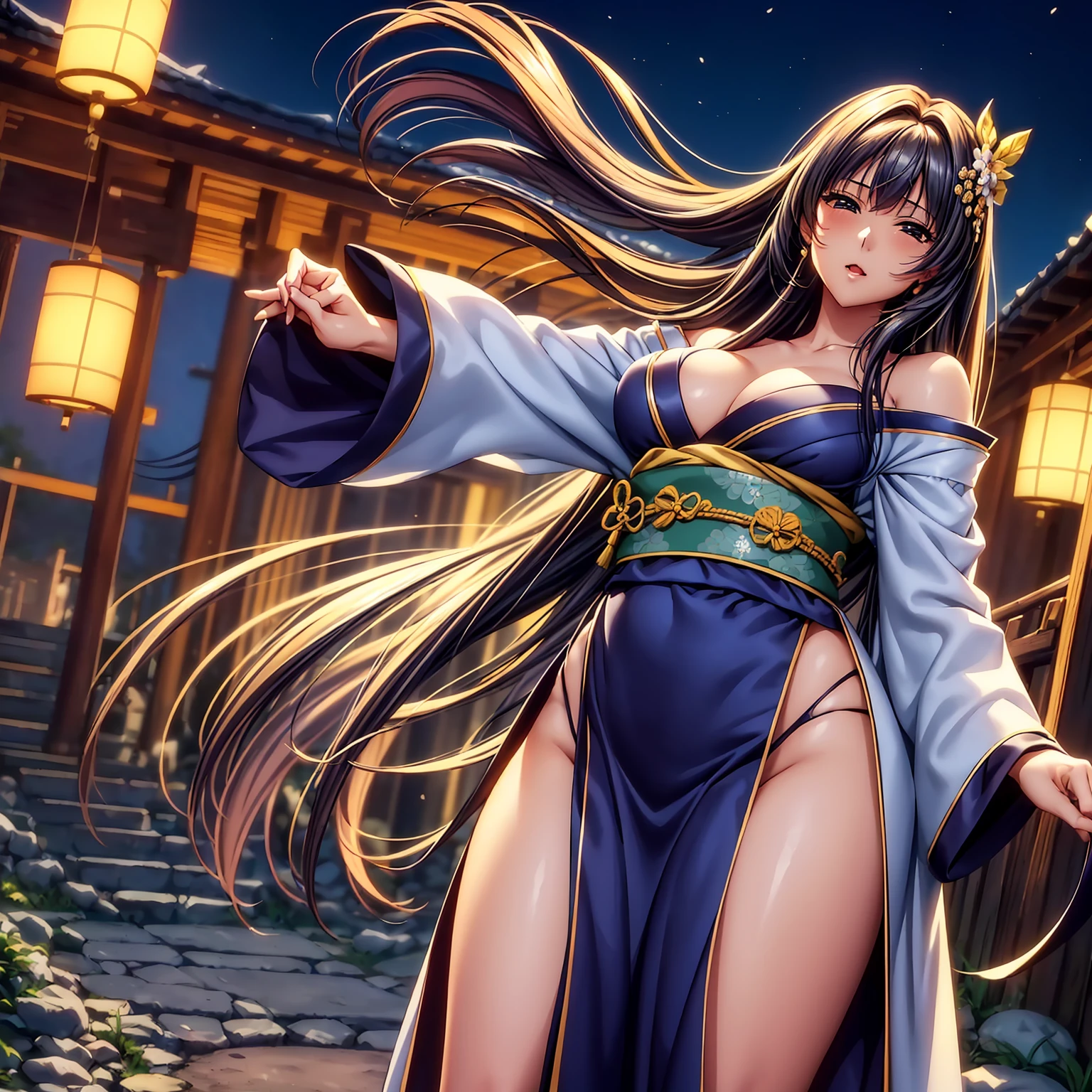 (top quality picture、masterpiece level、very high res、超A high resolution,High quality detailing)、(An 18-year-old beautiful girl with perfect and ultimate beauty..,beautiful breasts and figure,Beautiful body,美丽的面容,Strong-willed eyes:1.5)、(There are many variations of hairstyles,Bangs are neatly arranged,long straight hair on the side,Beautiful hair:1.2),lifelike textures,Beautiful colors,(Wear a colored Japanese kimono,Wear a colorful Japanese kimono,Japanese decoration,Japanese hair,shoulders are exposed,I can see the cleavage, I can see the thighs.:1.2),Have a bright smile,line of sight,Mouth opens,The wind is blowing(The wind blows and the skirt flaps 1.2),Hair flutters under the influence of the wind,Beautiful Japan garden,fantastic night sky and moon,Lanterns are lit,nighttime scene,Beautiful Landscapes,(The whole body,accurate anatomy、extremely detailed picture、Accurate images、Perfect Image 1.5)、beautiful anime woman, Beautiful Art Style, an animated character、(The whole picture、Detailed picture、Defect-free images、natural soft light、beautiful image),(Best Shot 1.2)