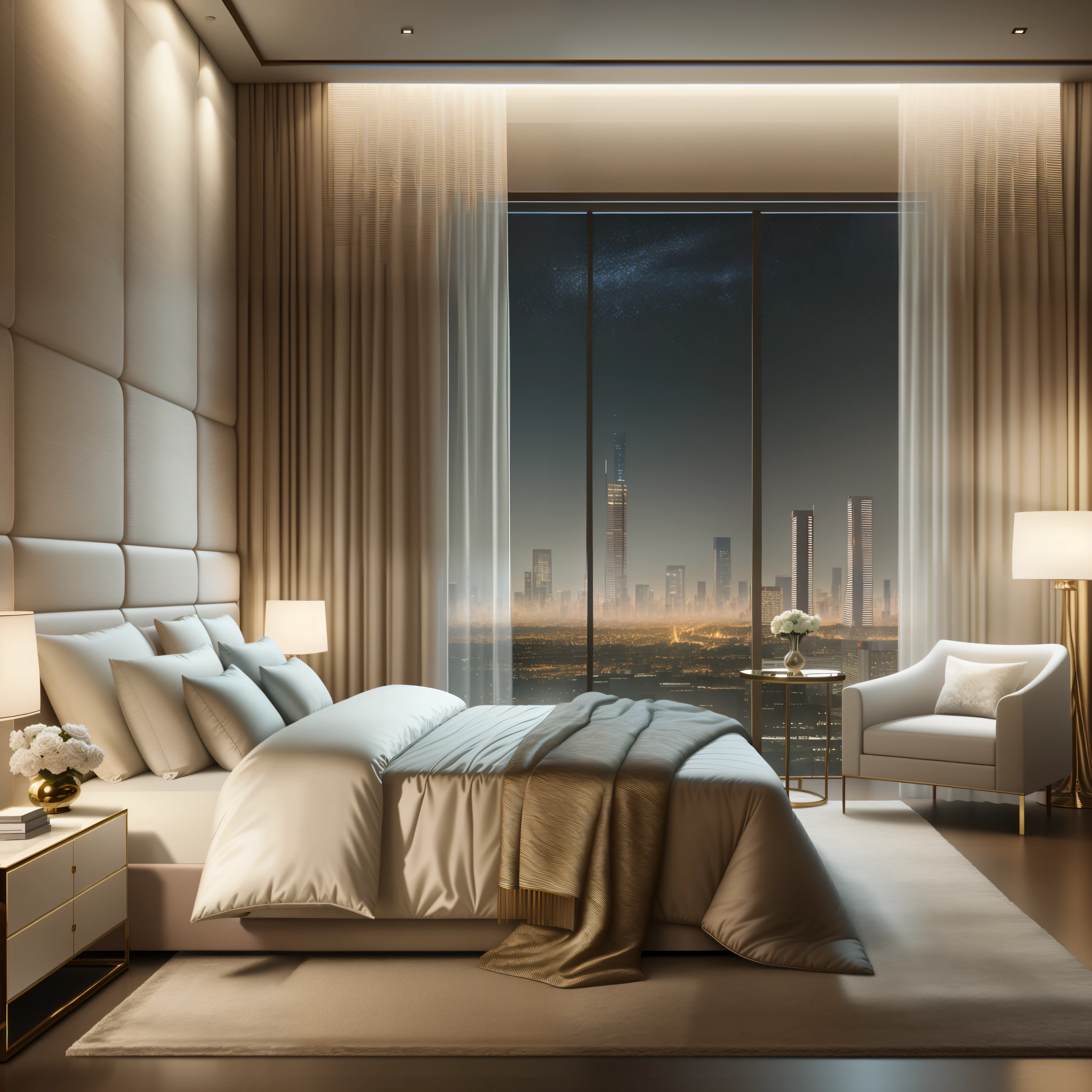 arafed bedroom with a large bed and a night view, luxurious environment, luxury condo interior, luxury hd render, dim bedroom, enscape render, high quality rendering, exquisite rendering, city views, exquisite detail, bed room, city view, luxurious, architectural rendering, sublime-comfy-elegant ambience, dramatic rendering, realistic cgi render, architectural visualization
