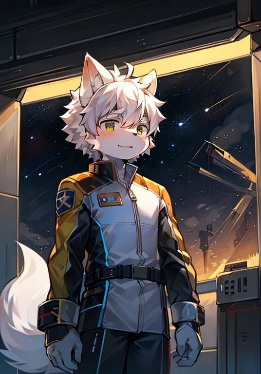 (高画質, 电影灯光, Ray traching, ultraclear) full bodyesbian, cat ear boy white shirt, Big furry wolf tail + Long ears, Three fur textures whiue intertwined, wearing spacesuit, The future marshal's war command uniform sets off his heroic and mysterious temperament, Sunrise seen outside the space station, Space station orbits the earth.