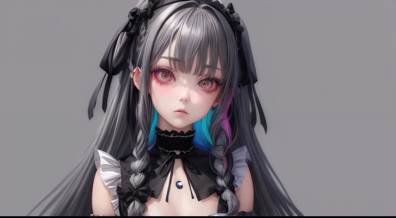 (Best Quality,8K,hight resolution,masutepiece:1.3),hight resolution、1girl in,Rainbow hair color、twin braids、lolita fashion、ultra-detailed face、ultra-detailed eyes、Upper body,expressionless、(((dark gray plain background)))