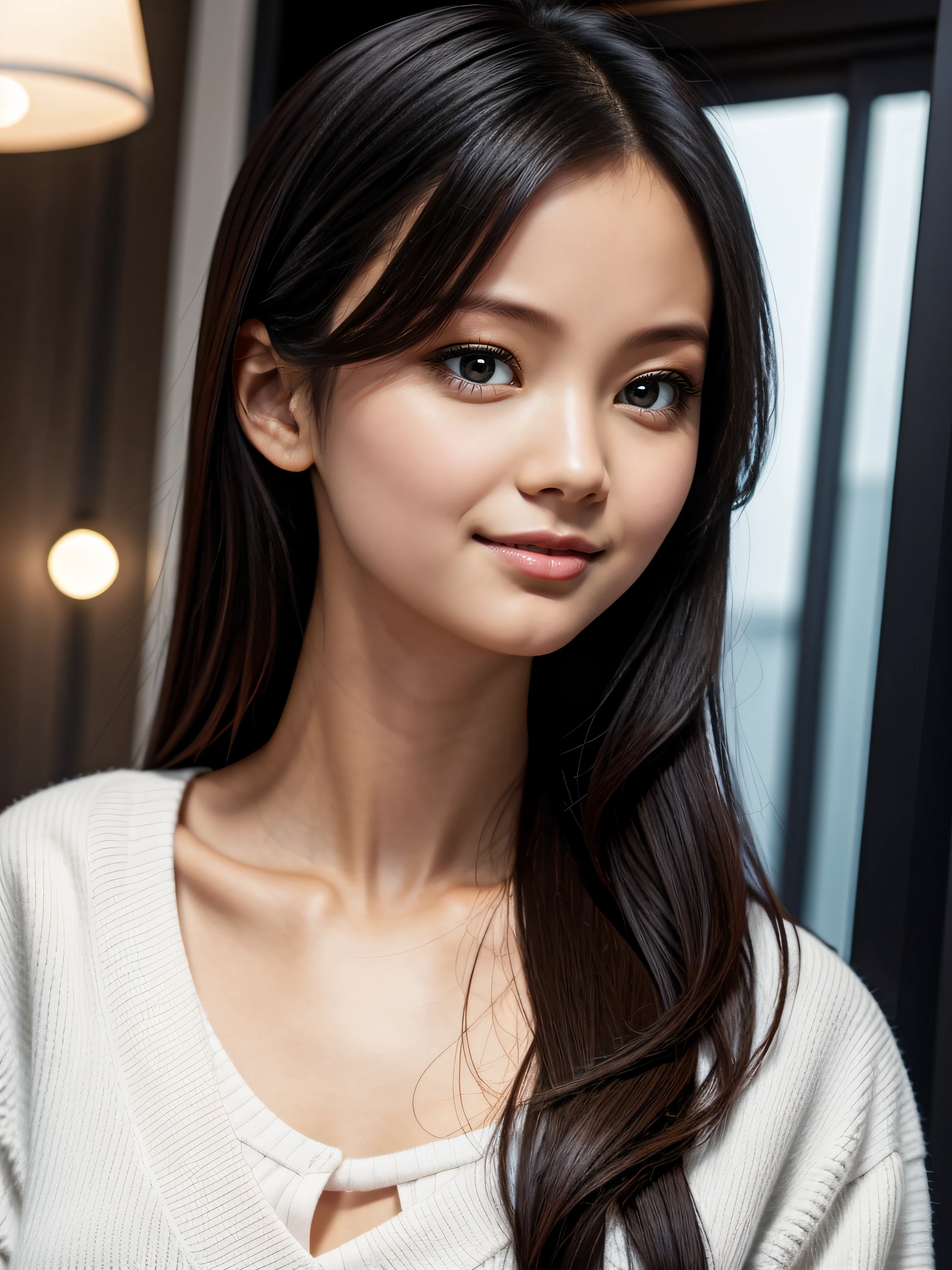 8K, (Realistic), nerd:0.8, Gorgeous young cute petite Asian woman, very clean skin, very cute, young Victoria Justice, extremely cute, stunningly beautiful young Asian woman, short face, (round face:1), (very thin eyebrows), round eyebrows, long black hair, dark-brown eyes, big eyes, monolid eyes, double eyelid, greek nose, extremely beautiful nose, thin nose, (very small nostril), round cheeks, prominent cheekbones, red lips, small lips, closed smile