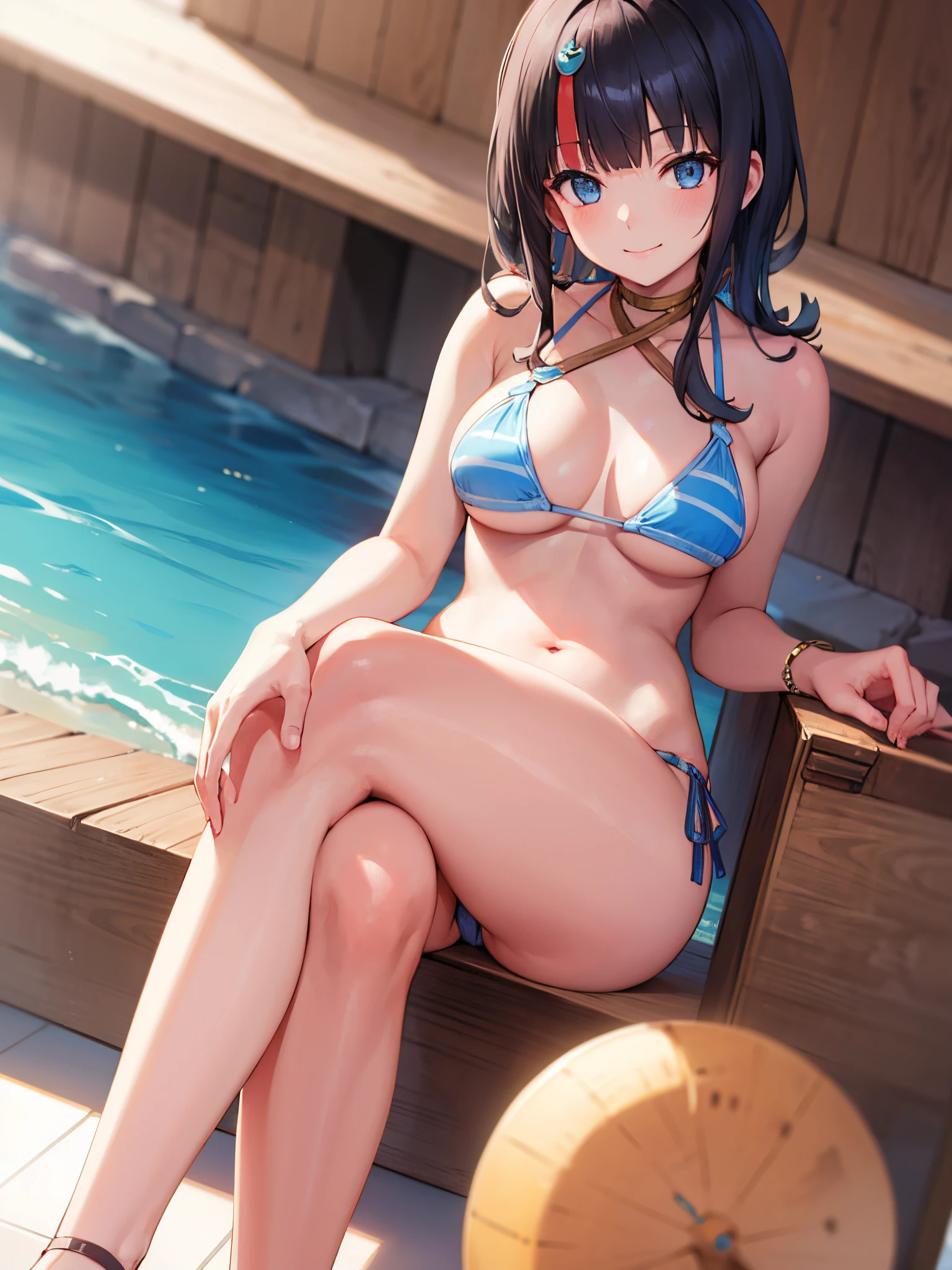 masterpiece, great quality, ultra detail, 1girl, solo, smile, crossing legs, FGOErice, (bikini)