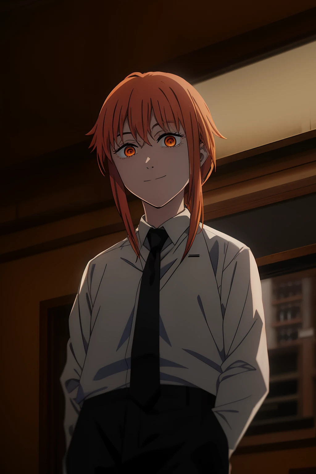 1 Female,Tiny, bara, long_hair, Orange Hair, olhando_Stelle_audience,cheerful, messy hair, shirt, long_sleeves, holding, closed smile_mouth, jacket, blue_eye, white_shirt, upon_body, orange_hair, Orange tie, collared_shirt, trousers, indoors, Medium_hair, white_jacket, white_eye, black_trousers, formal, Suit, black_necktie, office_, loud_eye, business_Suit, cross_weapons