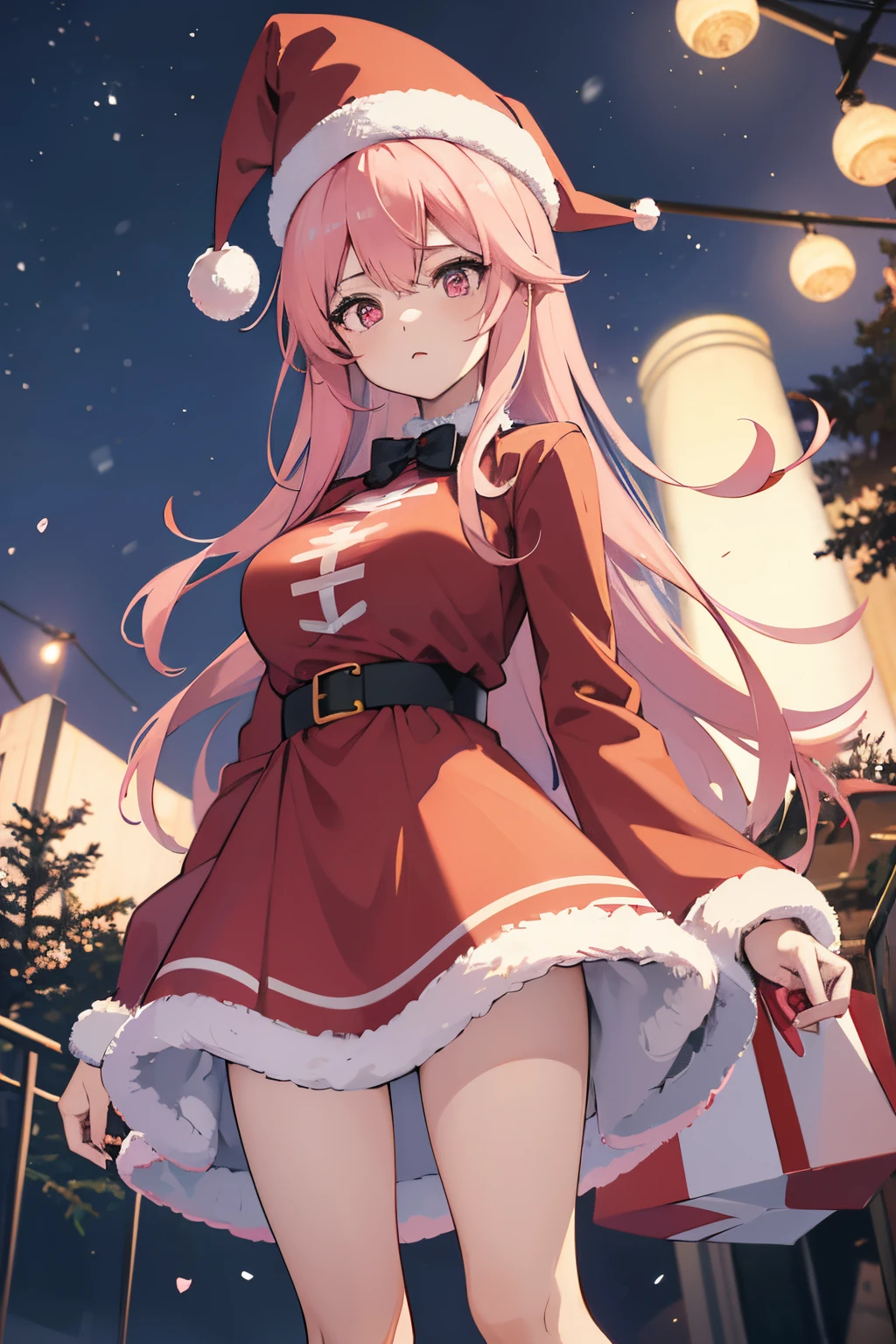 "anime girl, 1 person, pink hair, pink cat ears, pink eyes, santa hat, santa shirt, red dress, stockings, big breasts, solo, standing cross-legged, falling snow, Christmas gift box, (full HD 4K+ image)" front view