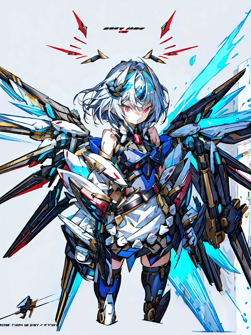 top-quality、ighly detailed、masterpiece、ultra-detailliert、illustratio、((1girl in))、silber hair、length hair、Floating hair、、Cyber City、Neon building、(The upper part of the body:1.05)、extremely_Detailed_Eyes_And_Face,cybernetic wings mechanical wings、Random posture、Skyscraper、、Mechumusume、shrine maiden clothe,maid clothes、Random angles、anime styled,cowboy shot