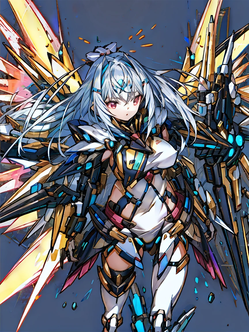 top-quality、ighly detailed、masterpiece、ultra-detailliert、illustratio、((1girl in))、silber hair、length hair、Floating hair、、Cyber City、Neon building、(The upper part of the body:1.05)、extremely_Detailed_Eyes_And_Face,cybernetic wings mechanical wings、Random posture、Skyscraper、、Mechumusume、shrine maiden clothe,maid clothes、Random angles、anime styled,cowboy shot