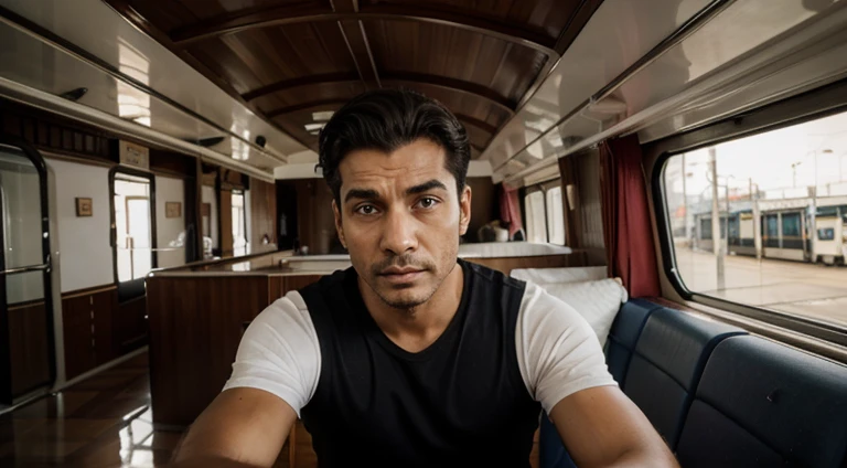 Homem dentro de um trem desconfiado.