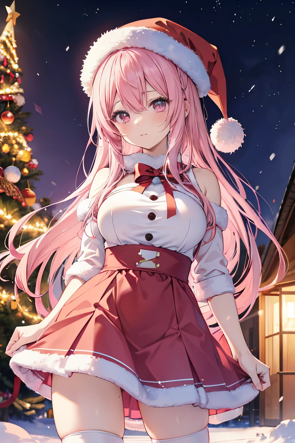 "anime girl, 1 person, pink hair, pink cat ears, pink eyes, santa hat, santa shirt, red dress, stockings, big breasts, solo, standing cross-legged, falling snow, Christmas gift box, (full HD 4K+ image)" front view