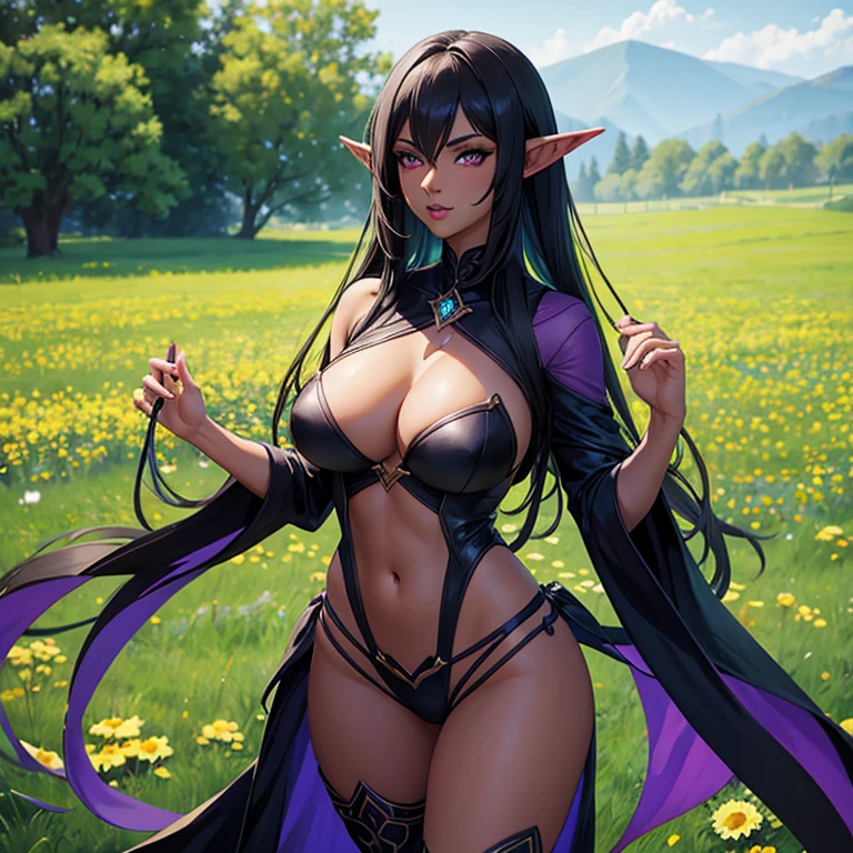 Dark elf with a sexy body and she’s standing on a green field with lots of flowers