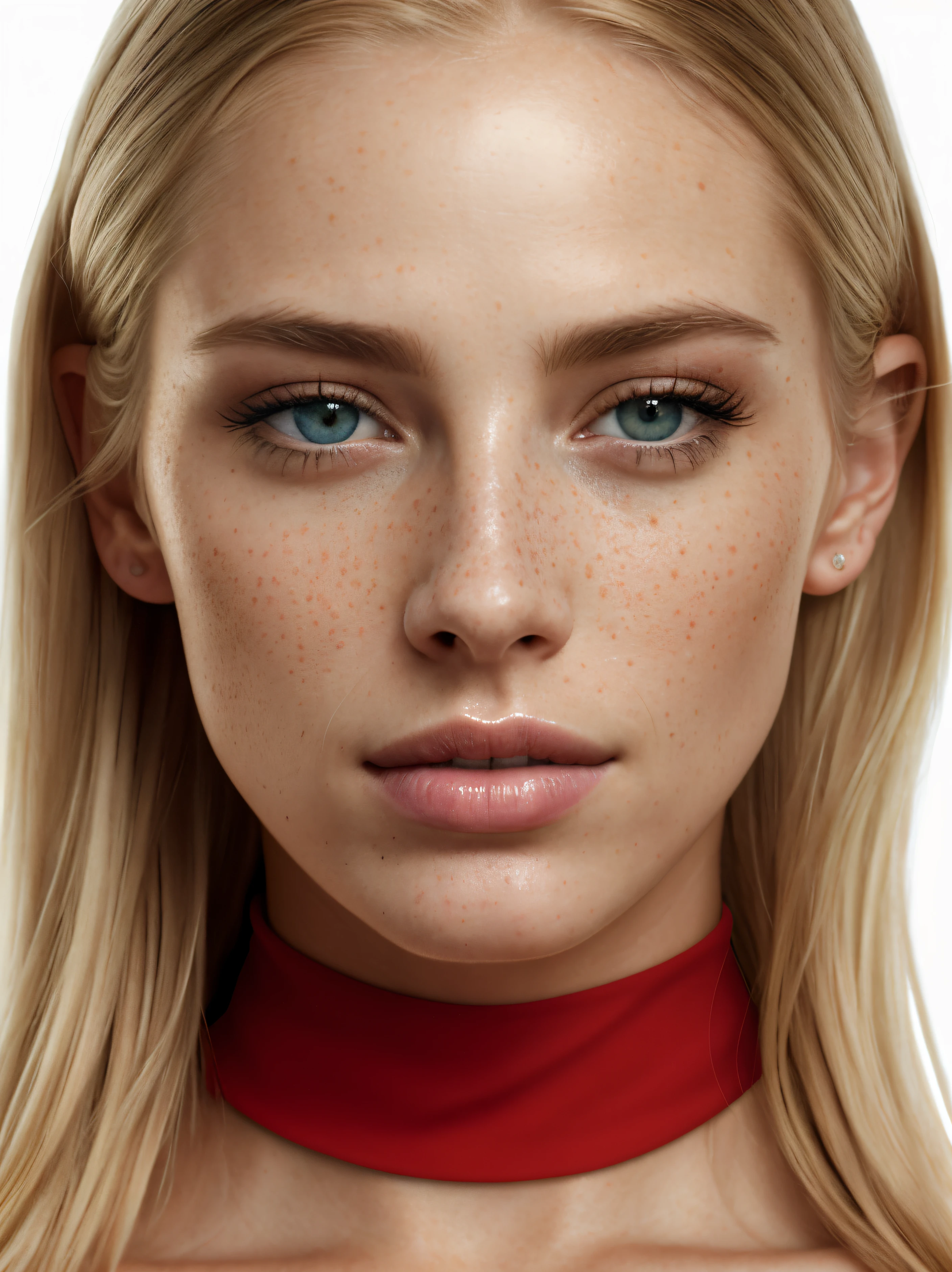 blond woman with freckles and a choke on her neck, beauty retouch, professional retouch, detailed perfect face, perfect face model, full face close up portrait, close-up perfect face, ultra detailed portrait, 8k portrait render, hyperrealistic digital painting, finely detailed perfect face, portrait of a beautiful model, detailed beauty portrait, perfect face details