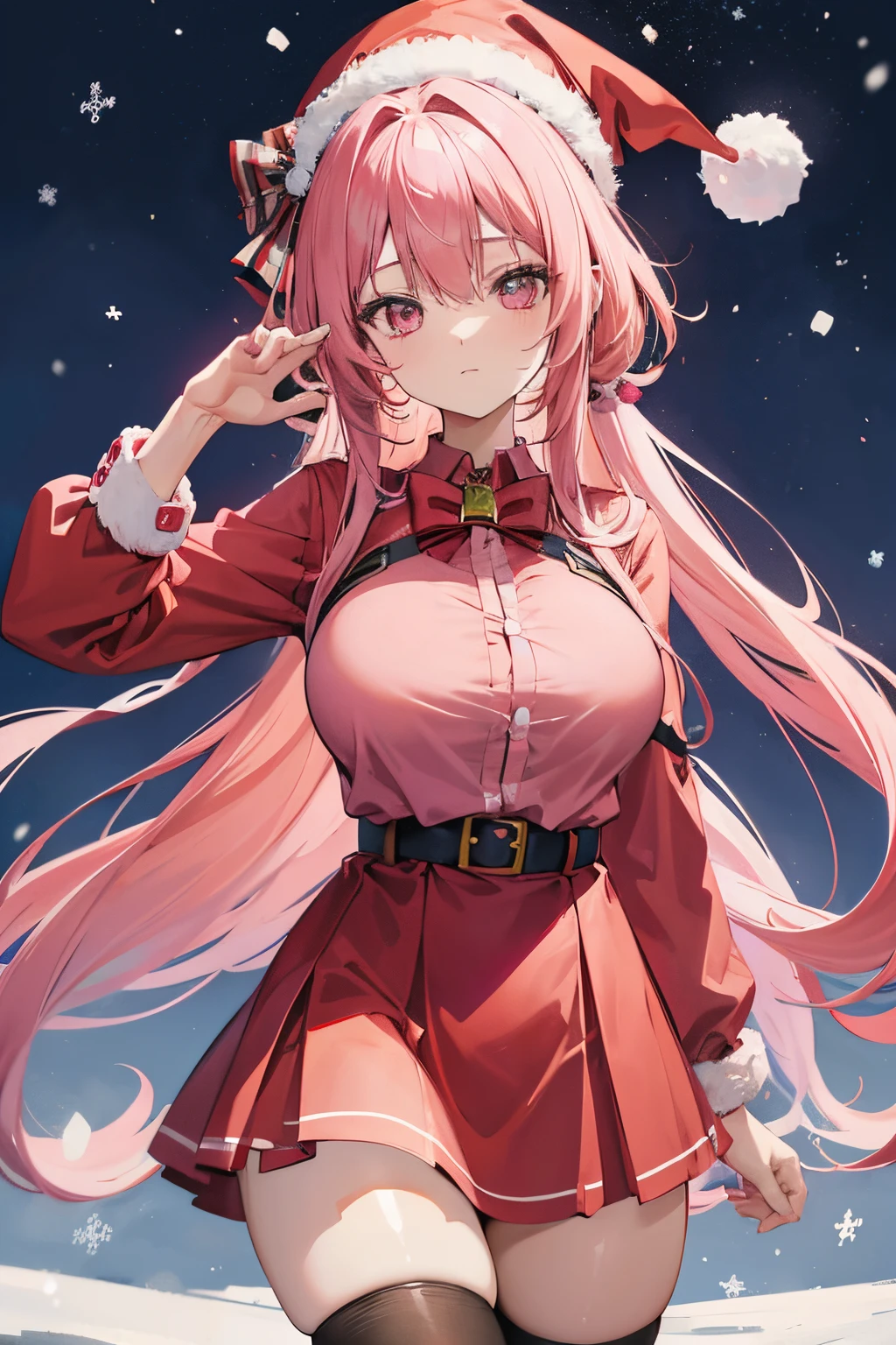 "anime girl, 1 person, pink hair, pink cat ears, pink eyes, santa hat, santa shirt, red dress, stockings, big breasts, solo, standing cross-legged, falling snow, Christmas gift box, (full HD 4K+ image)" front view