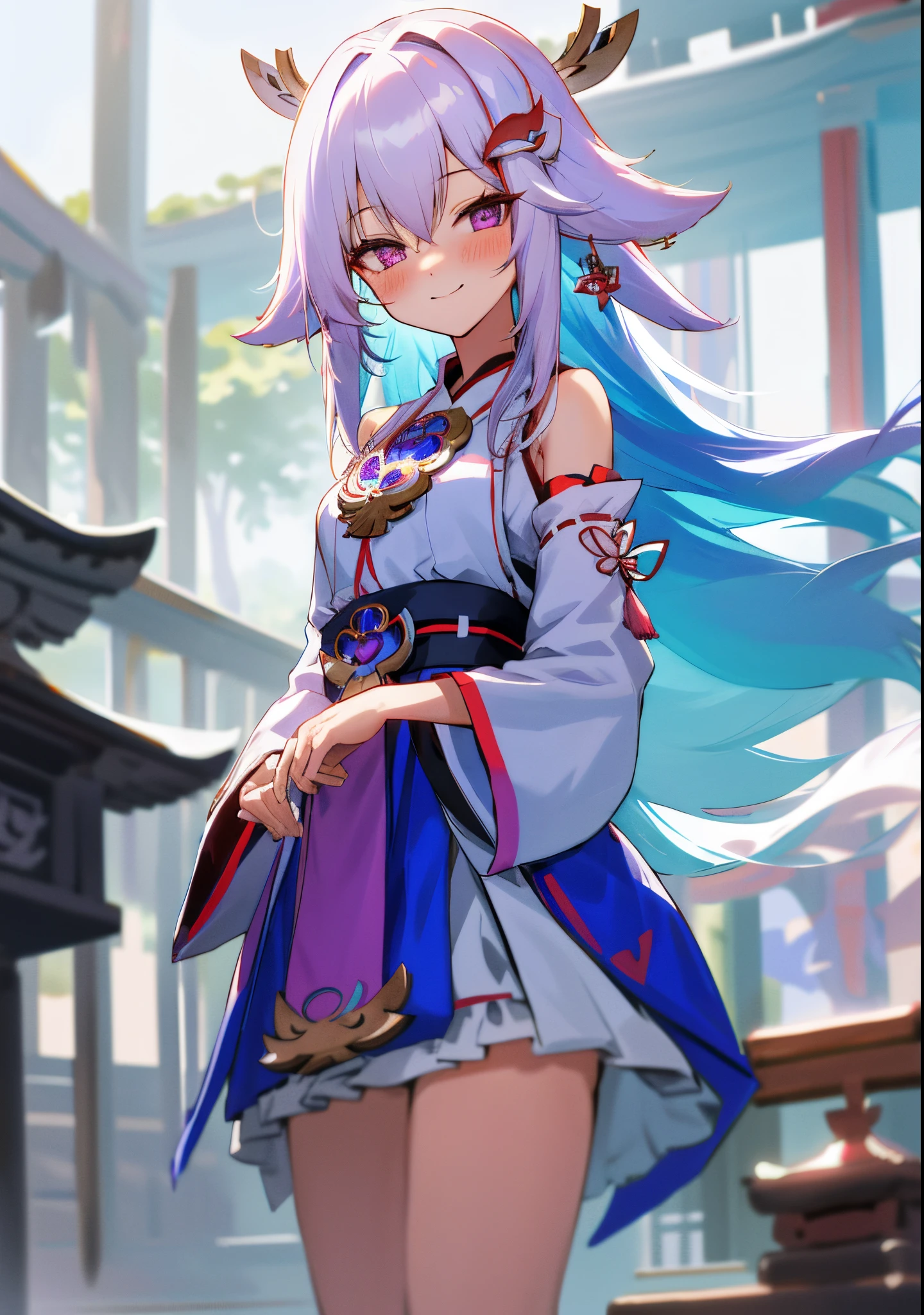 One girl with long hair, bangs, white hair, blue inner hair, purple eyes, looking at viewer, blushing, little smile, miko dress, miko, temple, dizzy, mid-chest, perfect waist, day atmosphere, hair ornament, standing, thigh, breasts