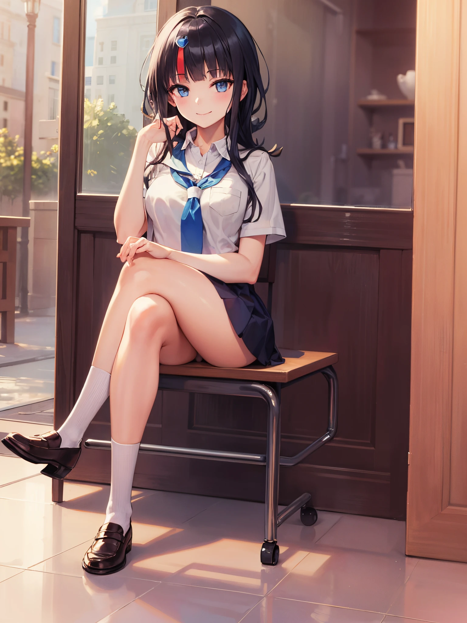 masterpiece, great quality, ultra detail, 1girl, solo, smile, crossing legs, FGOErice, (school uniform)