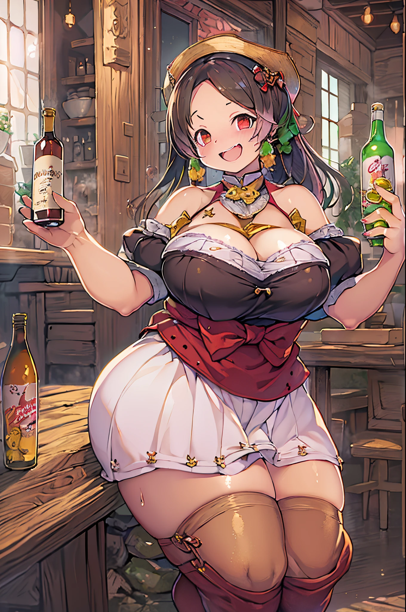 masutepiece, Best Quality, 1人、huge-breasted、bbw、Holding (Wine bottles)、huge smile、In the tavern,