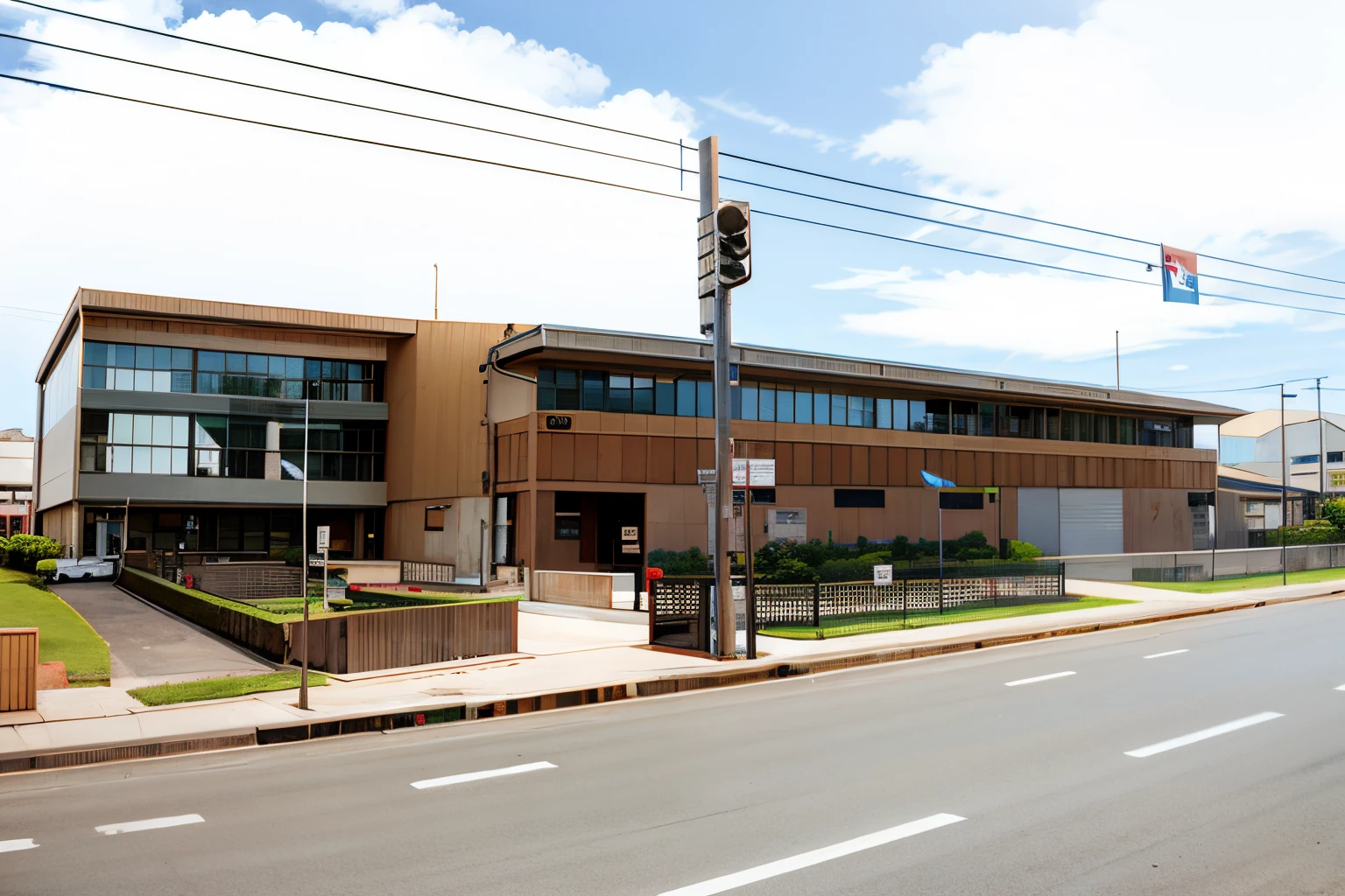 modern technology building, Escola no Brasil, phone booth, estudante, a foto mostra um grande, complexo de pesquisa, IFB, another building in the background, middle school, Brasilia, Vista lateral de longe