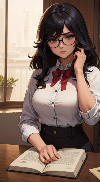 Una chica de cabello blanco con cola de caballo, con camisa blanca ajustada, corbatin rojo, falda larga negra, con un libro abierto en la mano, con lentes, cintura ancha, sentada en un banquillo bajo la lluvia
